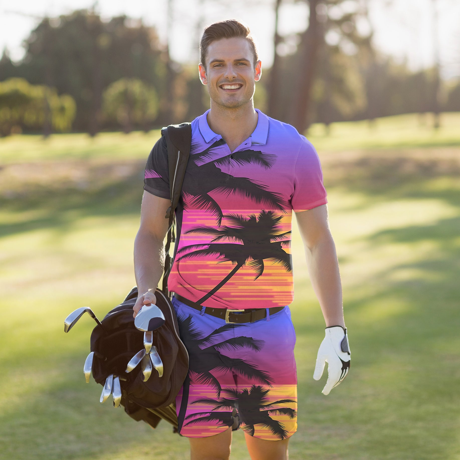 Men's Golf Set Polo+Shorts Red Sunset Palm Tree