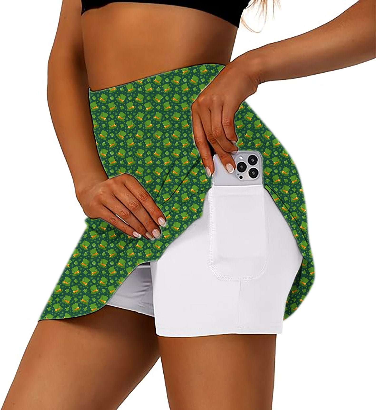 Women's athletic golf skorts with leprechaun hat and clover leaf design for St. Patrick's Day