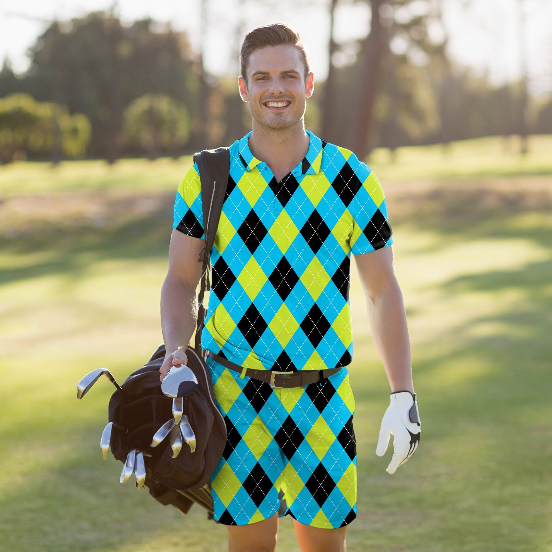 Men's golf set with black green blue white argyle polo and shorts on golfer carrying bag outdoors