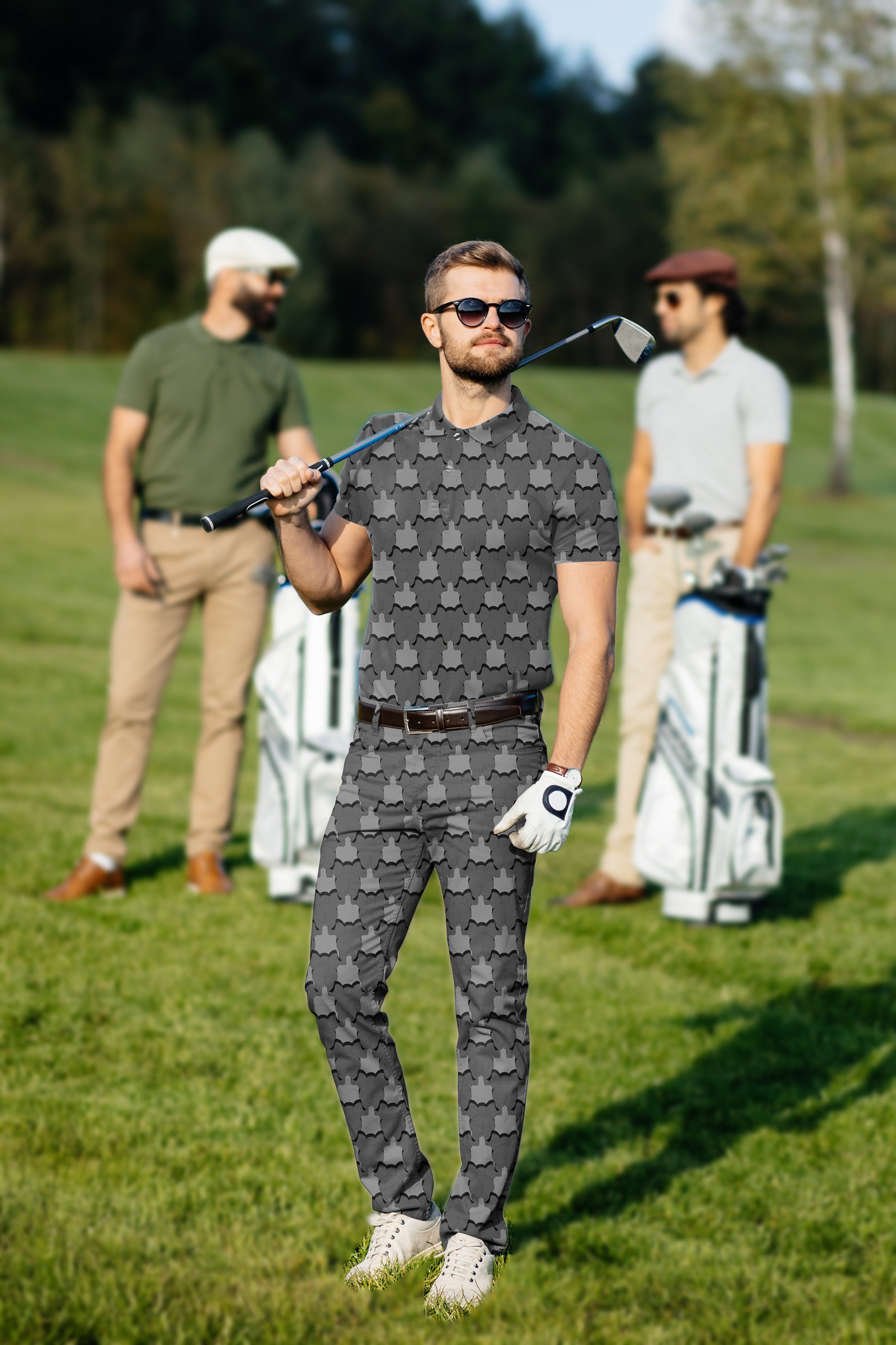 Men’s golf set polo and pants with elephant pattern, stretchy, moisture-wicking, wrinkle-resistant, UPF 40+ protection, classic fit for sporty and business casual.