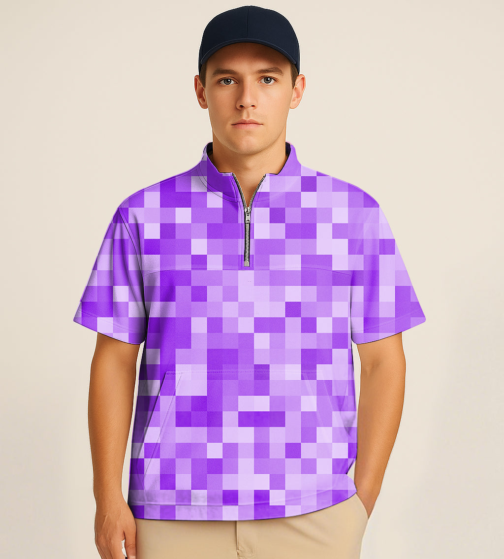 Half zipper turtleneck golf shirt with purple pixel big embroidery design