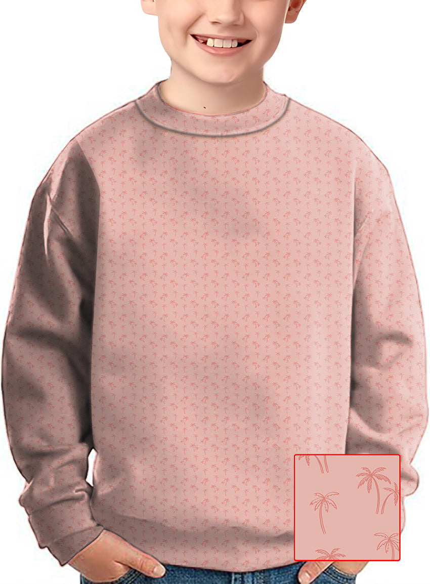 Kids pink crewneck pullover with subtle pink coconut trees pattern