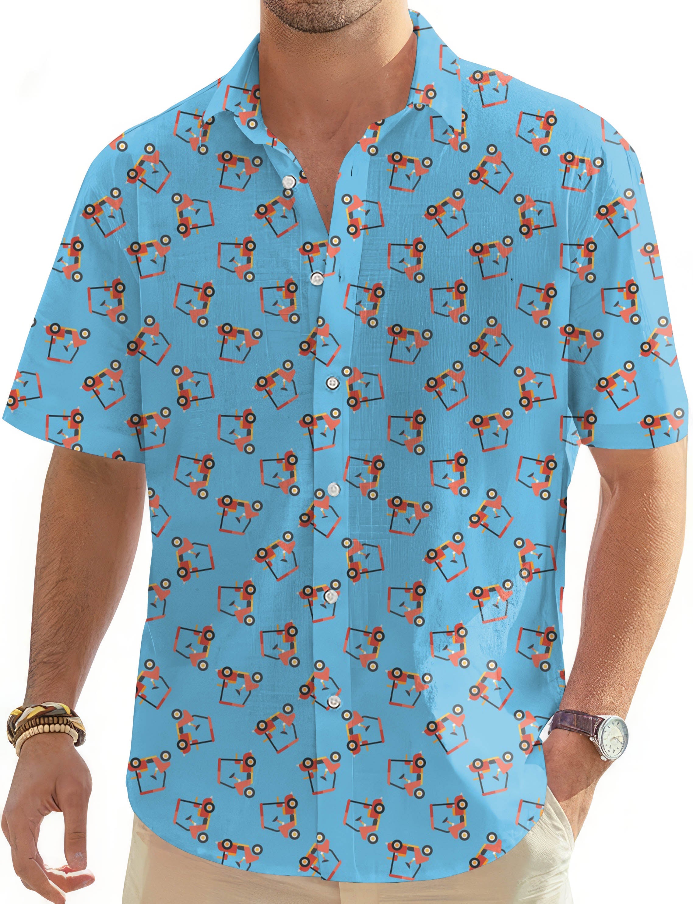 Men's golf cart print Hawaiian short sleeve button-down shirt in blue