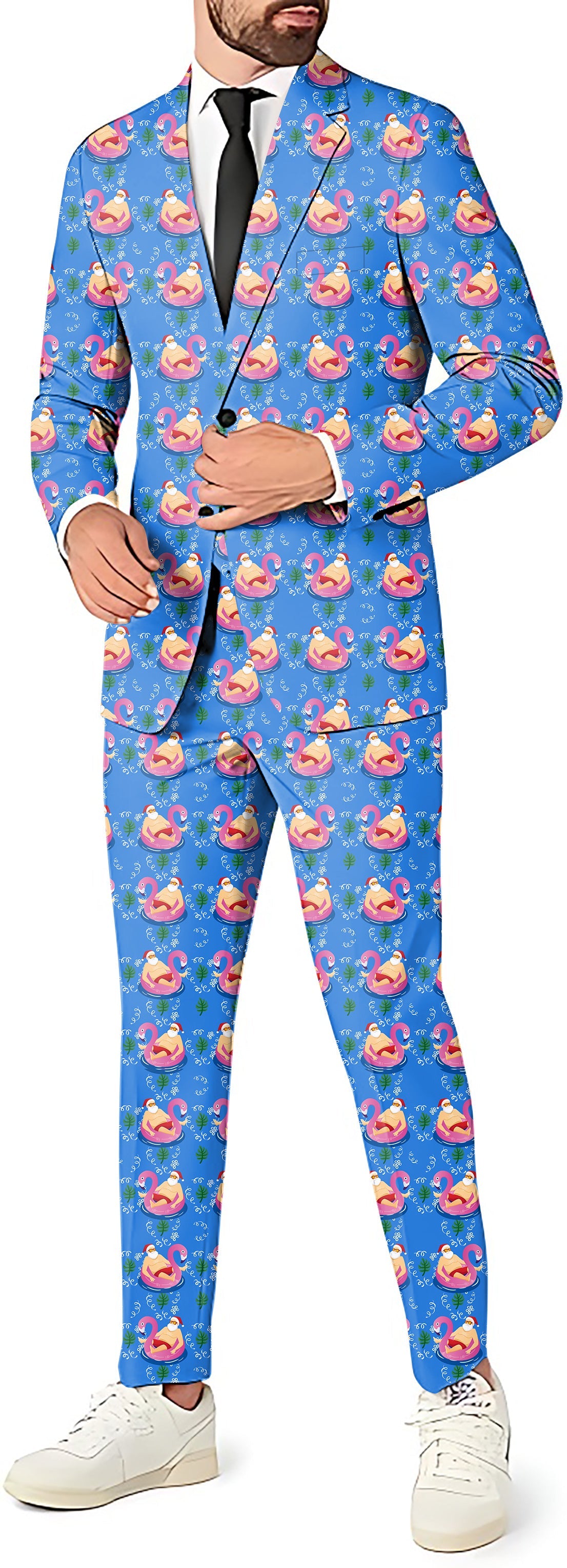 Santa Pool Party men's blue blazer and pants suit with festive flamingo float pattern for theme parties