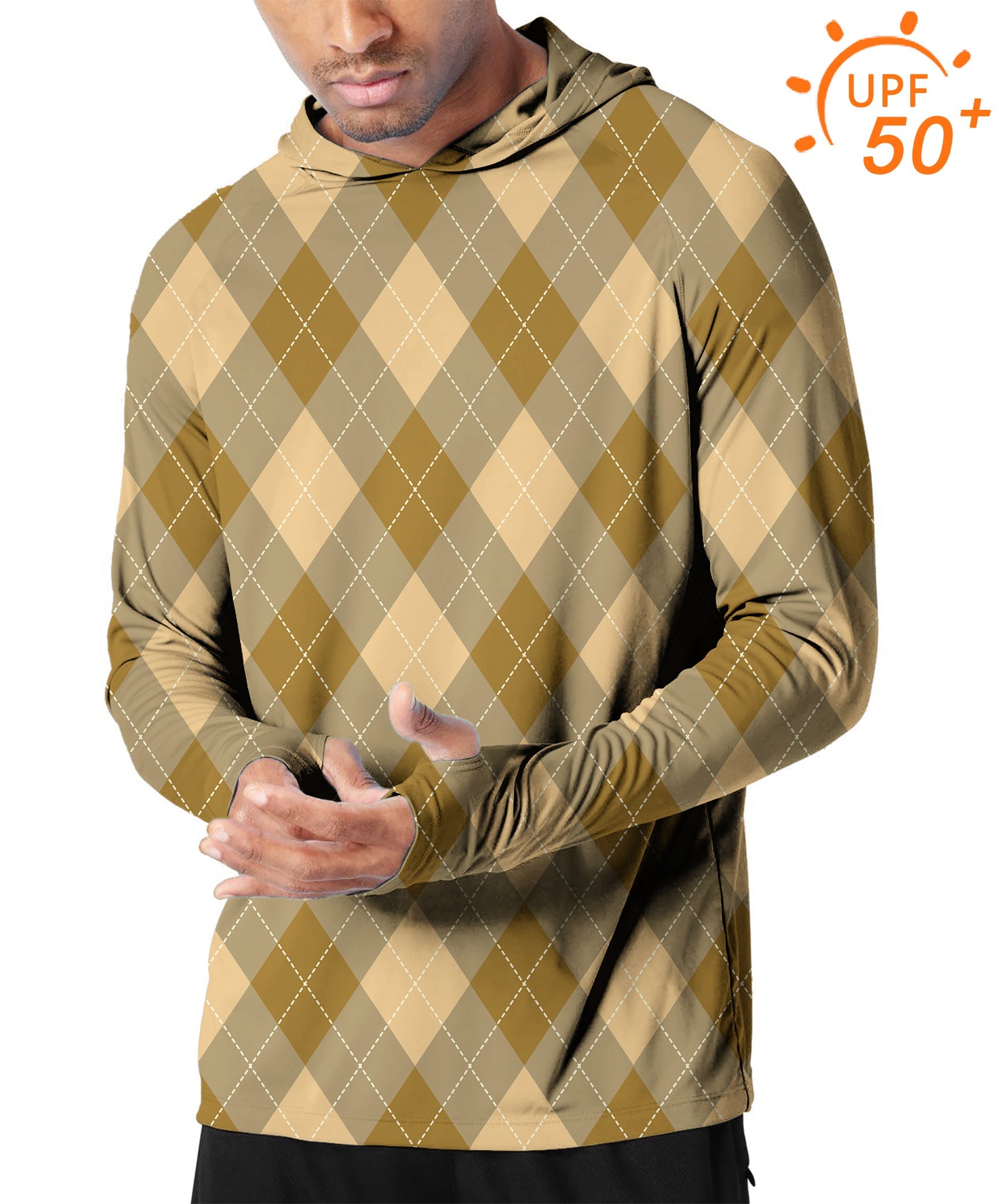 Men's outdoor brown argyle slim fit hoodie with UPF 50+ sun protection and thumb holes