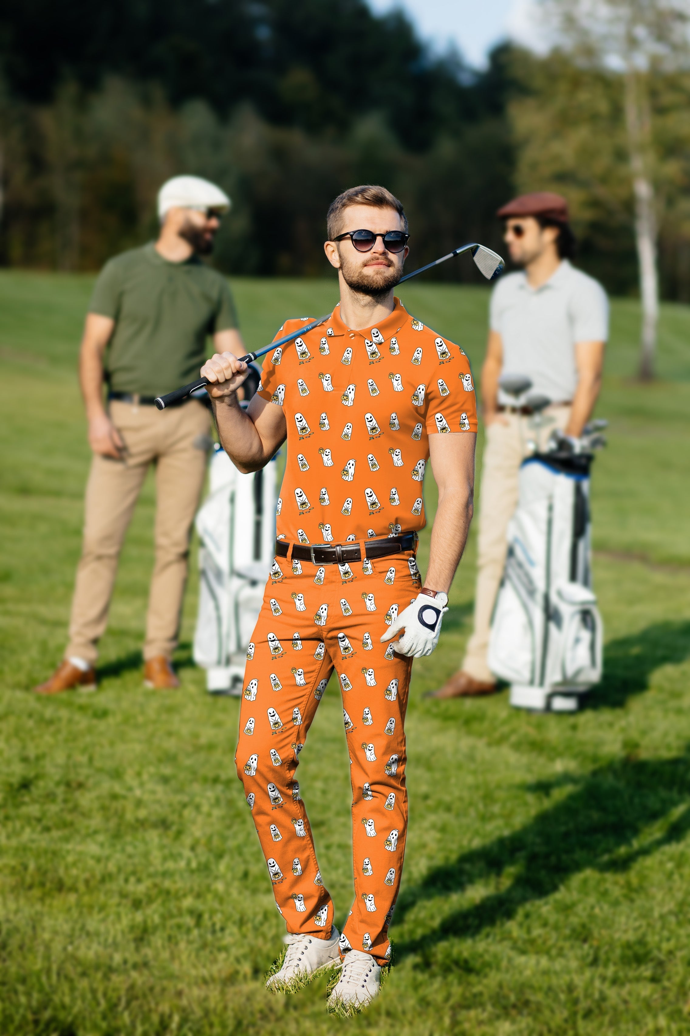 Men's Golf Set Halloween Ghost Pumpkin Polo and Pants with custom fit on golf course