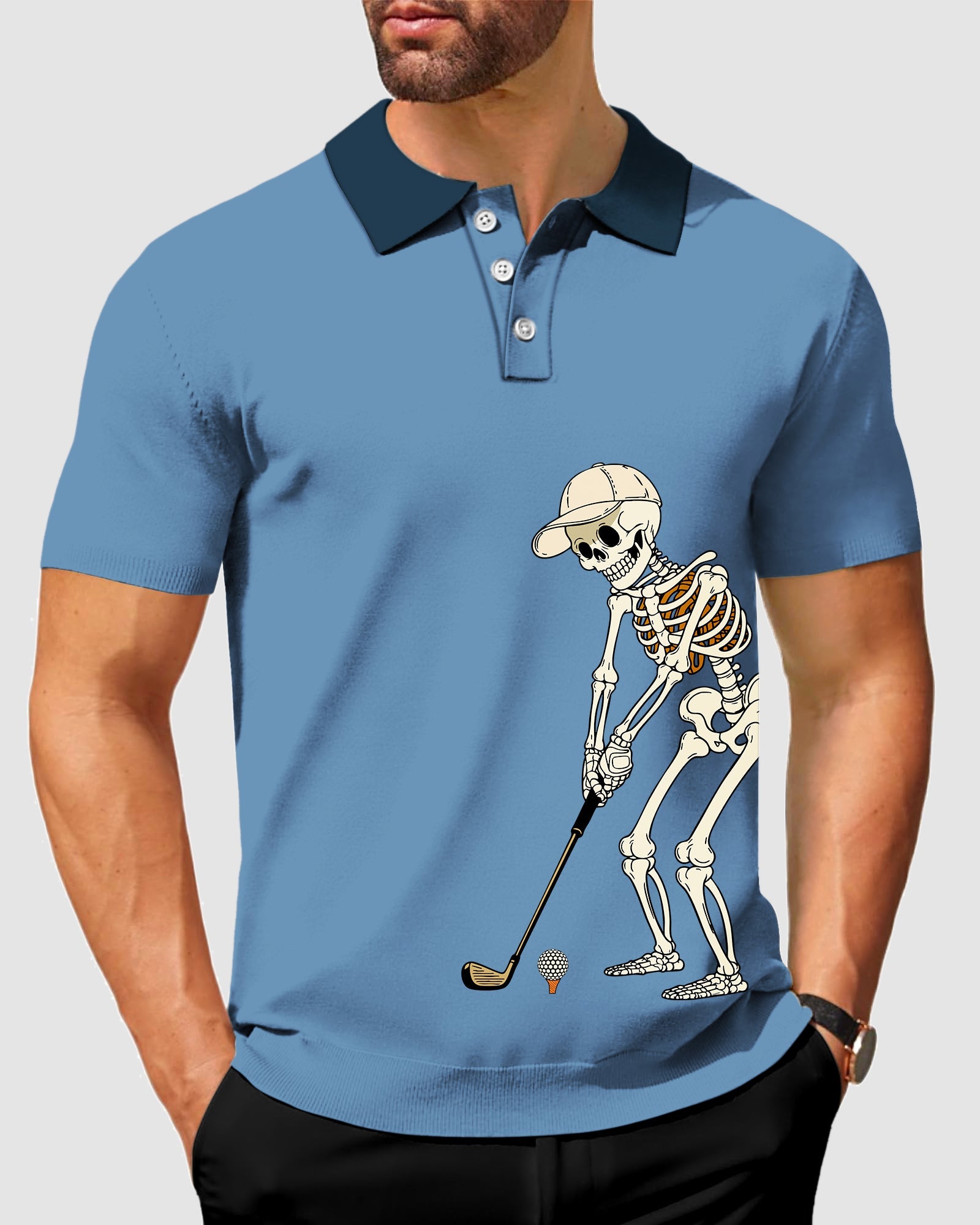 Men's white royal blue golf polo with skeleton graphic, four-way stretch, moisture-wicking fabric, and UPF 40+ protection