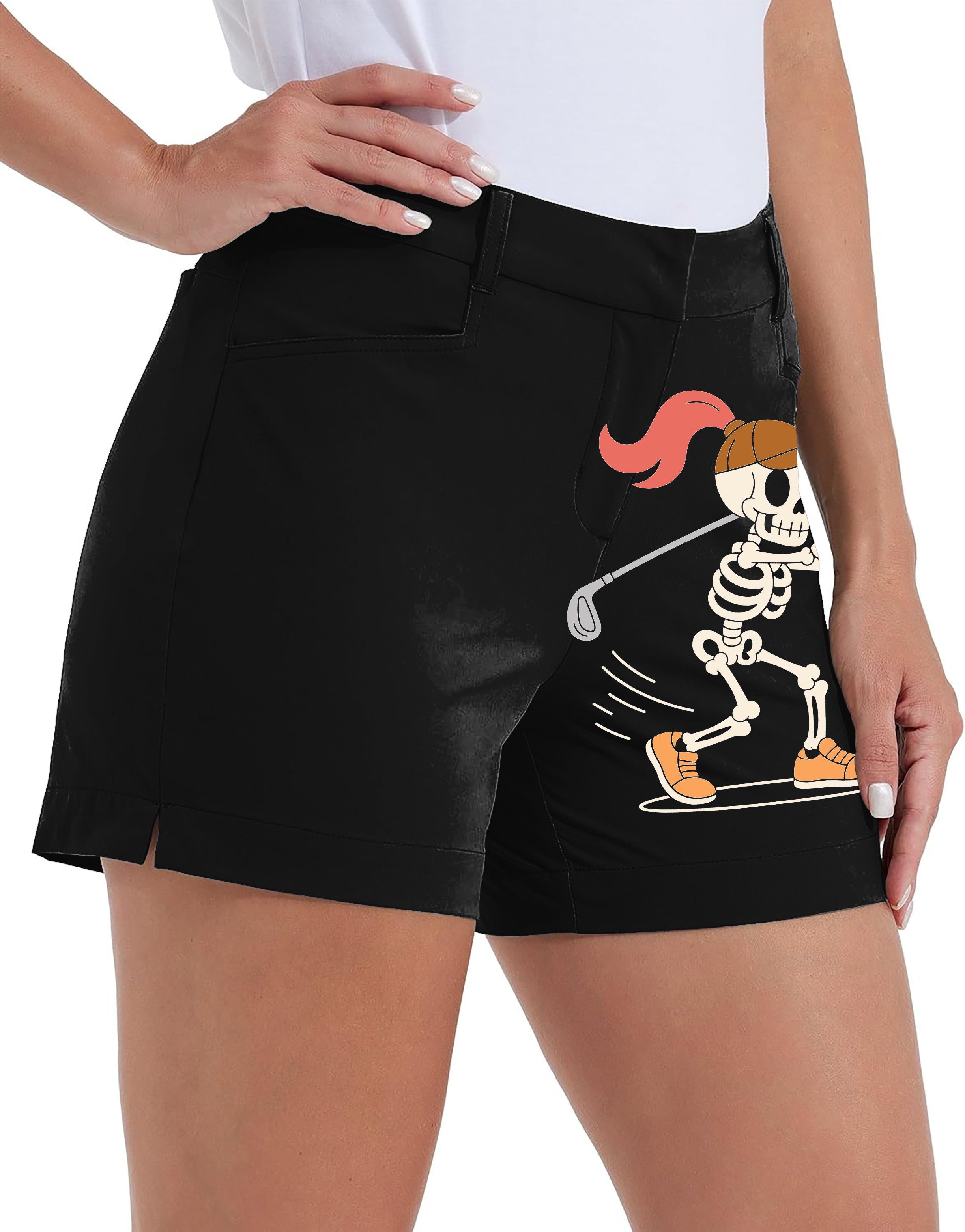 Women’s black quick-dry golf shorts with Halloween skeleton graphic and pockets for outdoor casual wear