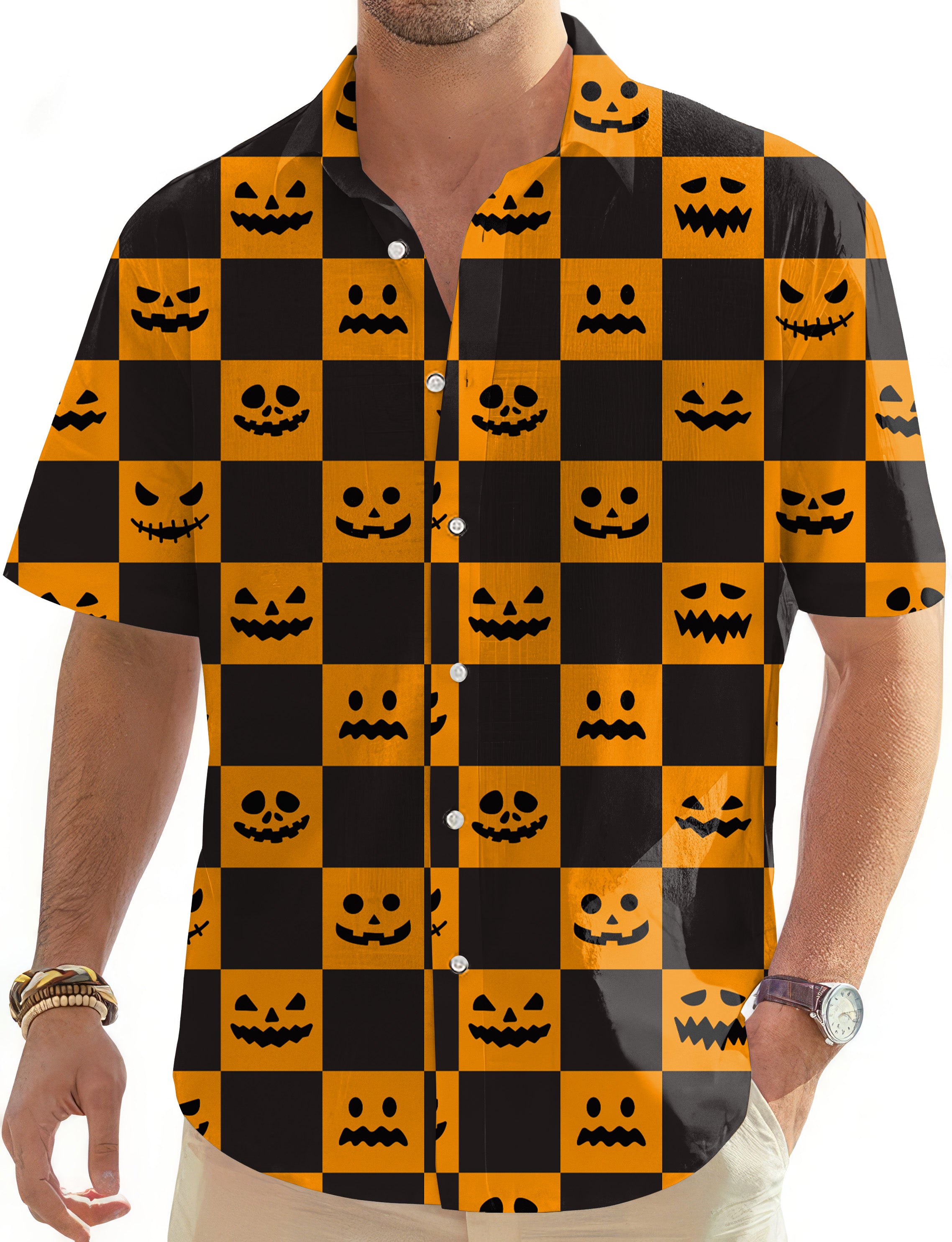 Halloween black and yellow checkerboard pumpkin Men's Golf Hawaiian Shirts Button Down Shirt
