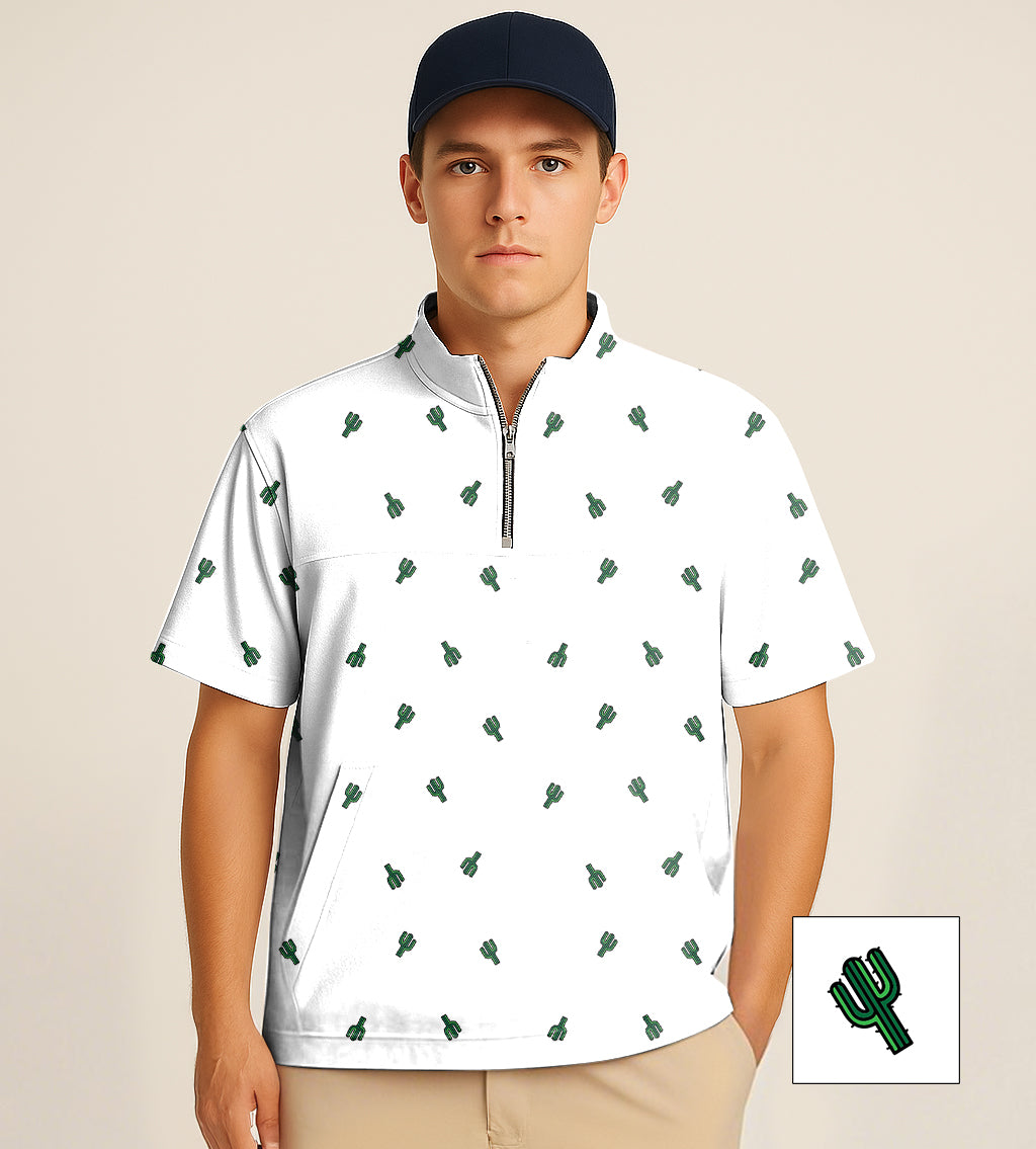 Half zipper turtleneck golf shirt with cactus embroidery on white background