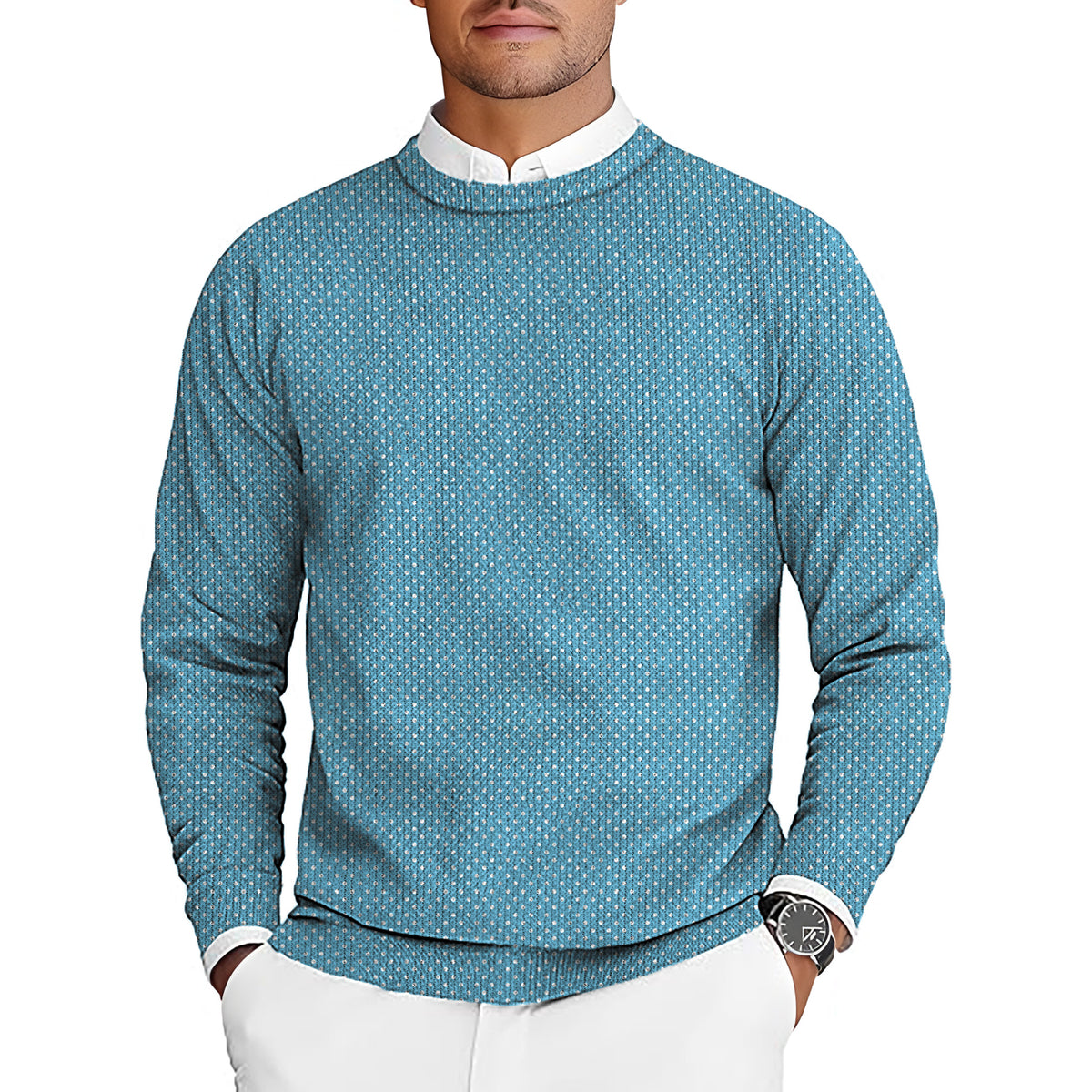 white polka dots blue background Men's Golf Crewneck Pullover Sweaters Ugly Sweater