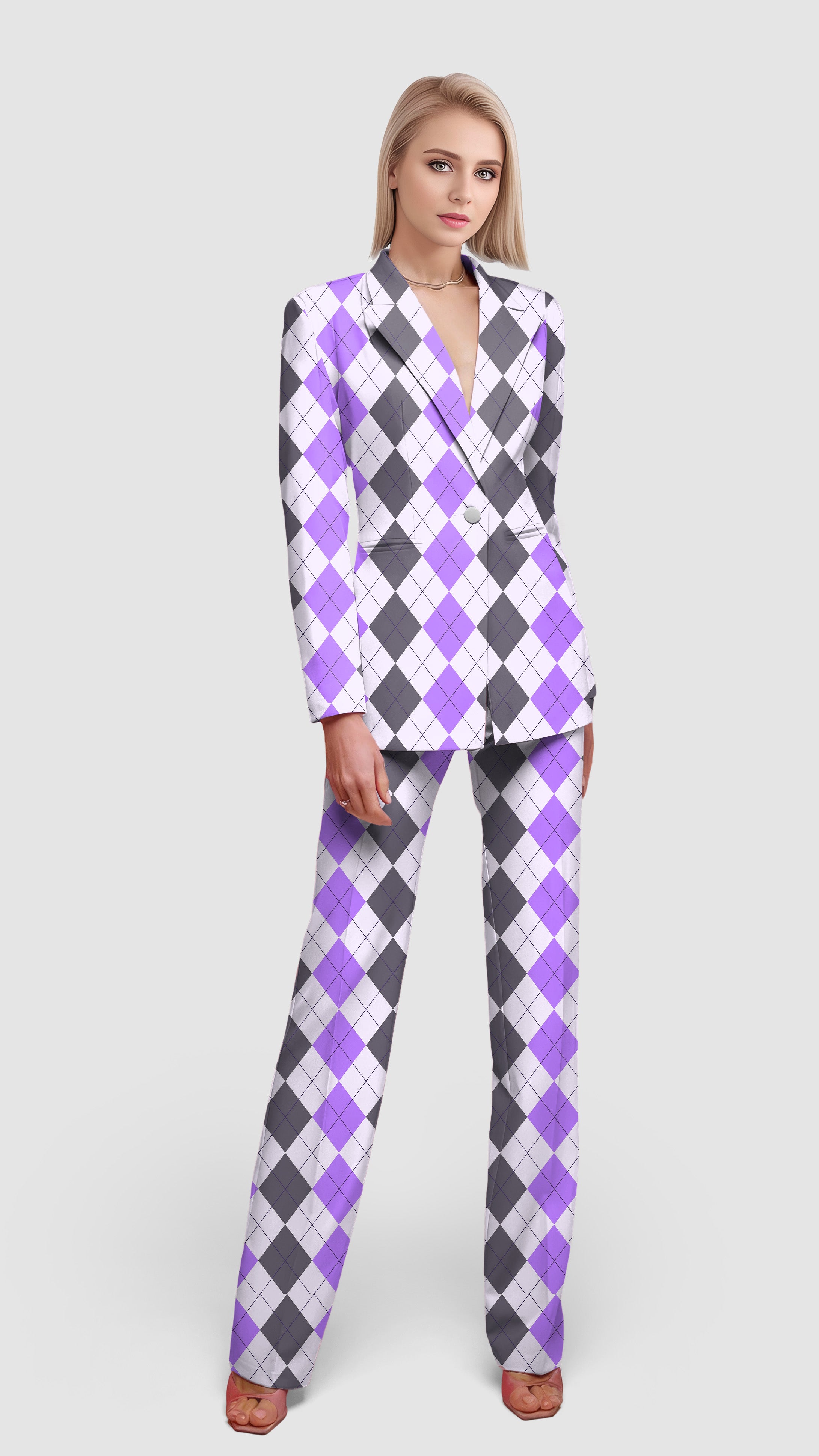 Purple grey Argyle-Women's Blazer Casual Work Office Blazer Suit set