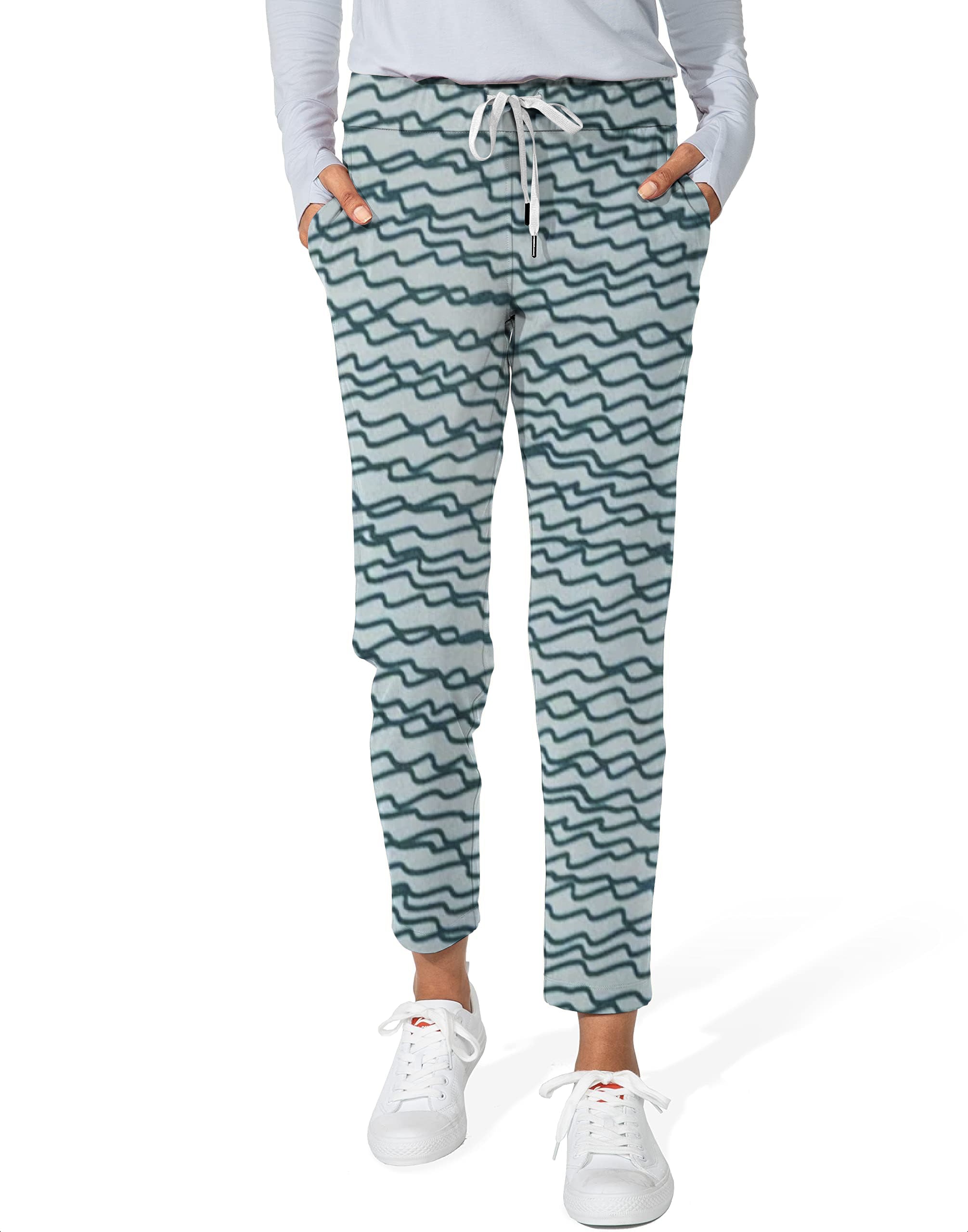 Women's 7/8 stretch ankle golf pants with green irregular wavy lines pattern