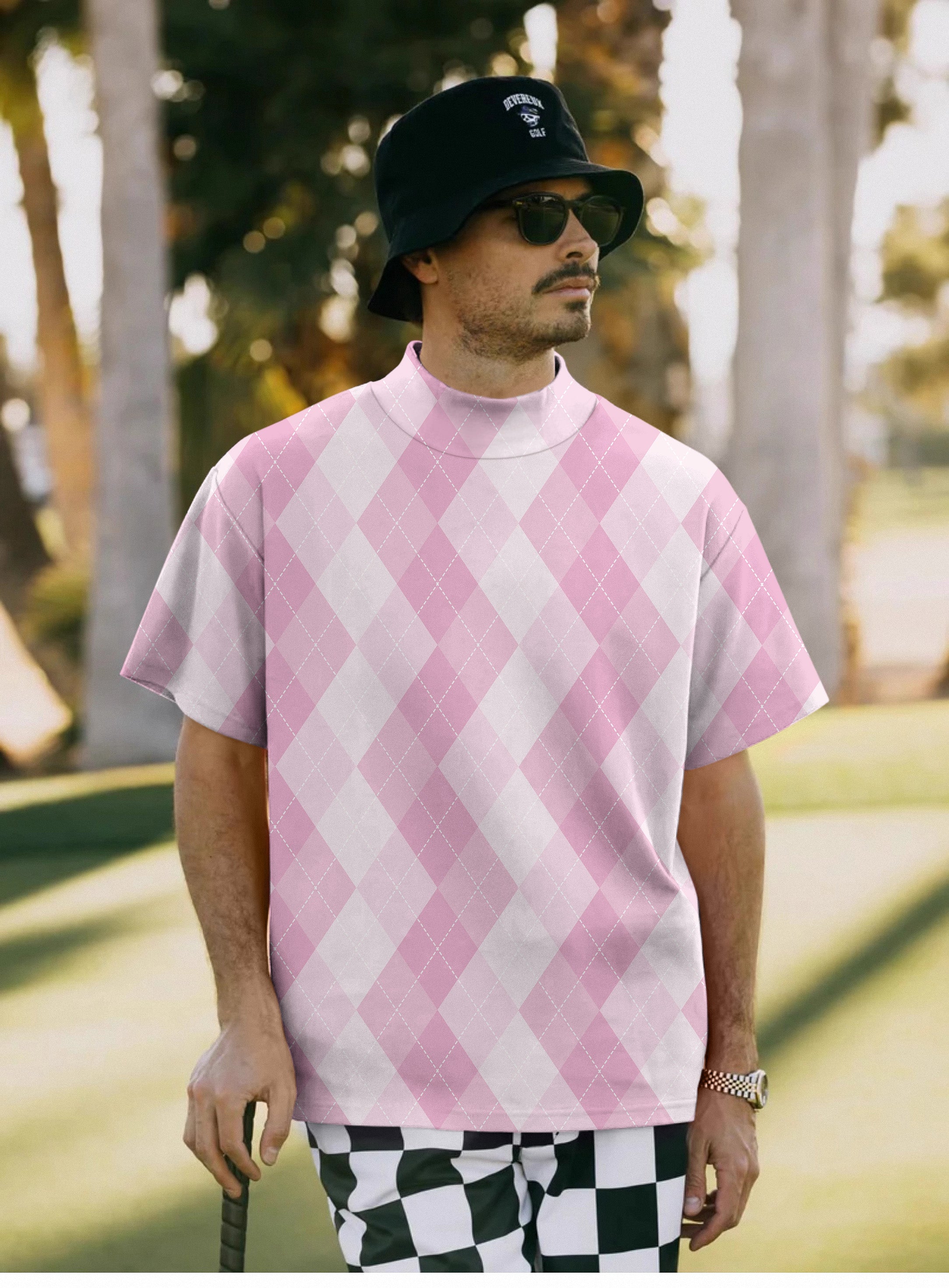 Men's pink Argyle Pullover High neck Long/Short sleeve T-Shirt