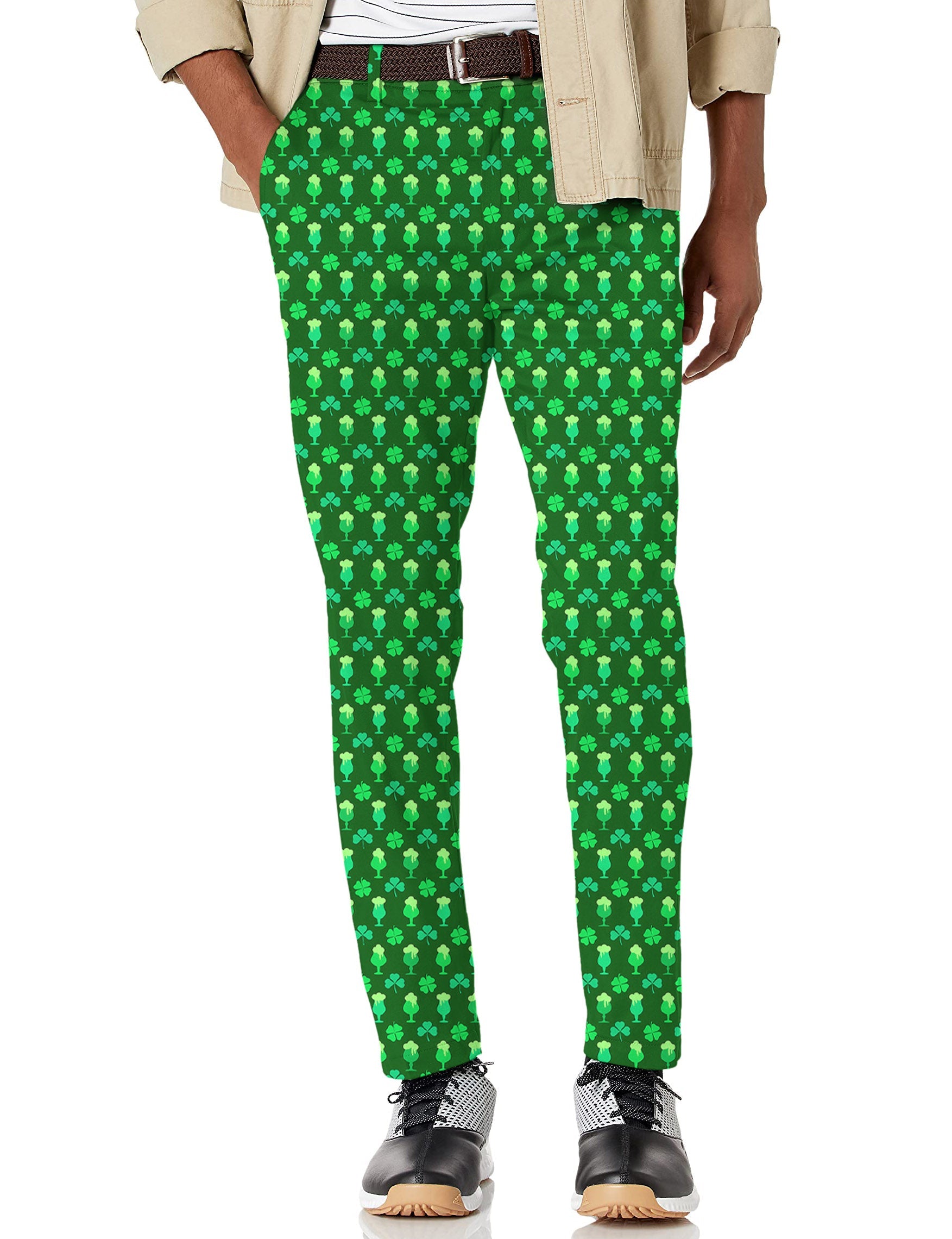 Men's green beer clover leaf St. Patrick's Day stretch golf pants with moisture-wicking fabric and active waistband