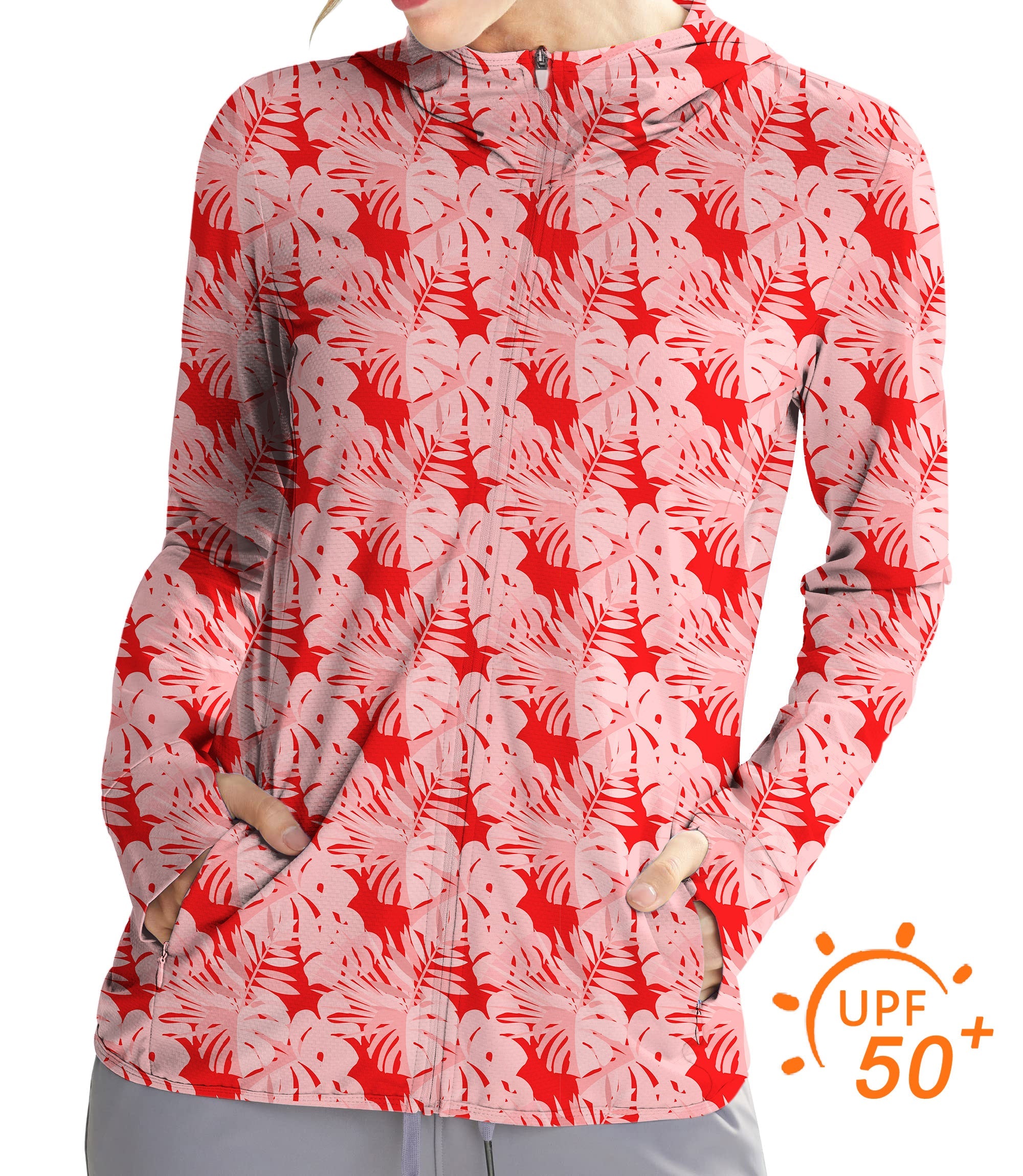 Women's outdoor slim fit red tropical leaves golf sun protection zip hoodie with UPF 50+ fabric