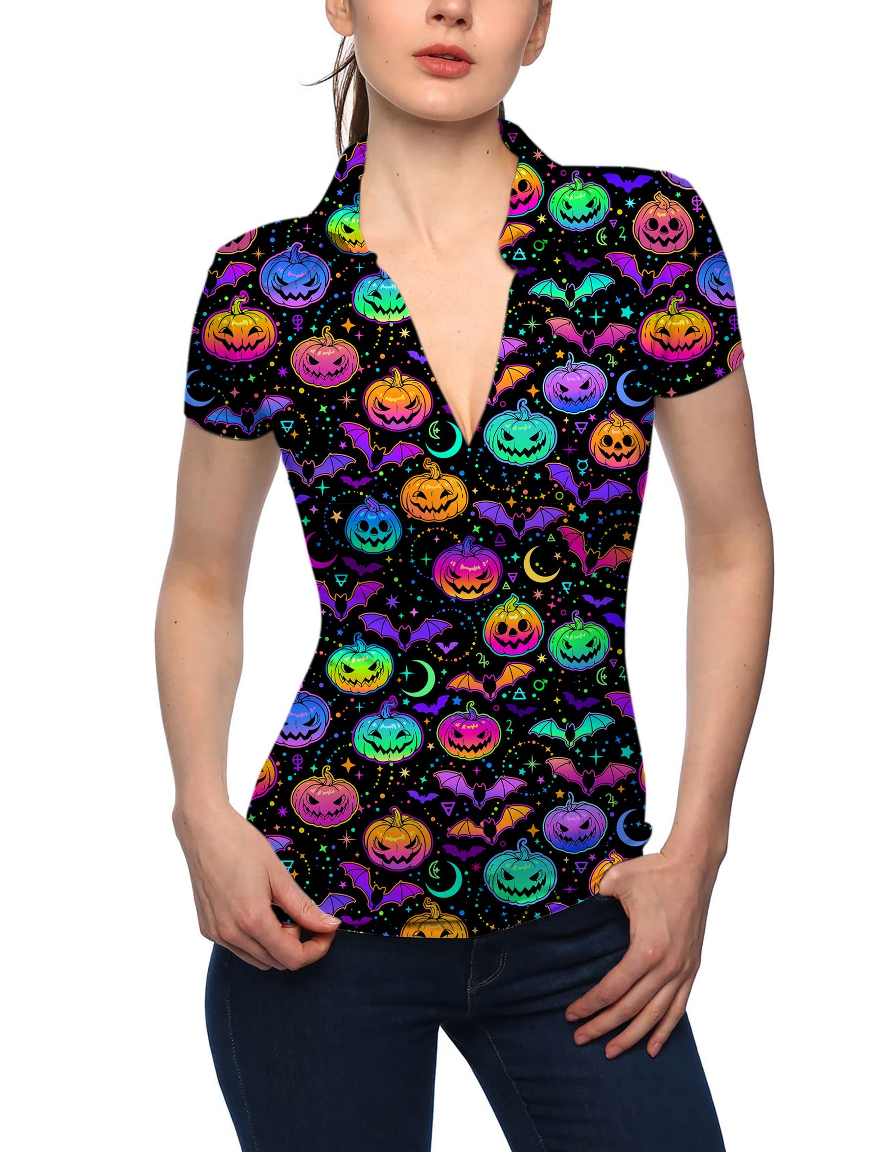 Women's neon Halloween-themed V neck golf polo shirt with colorful pumpkin and bat patterns