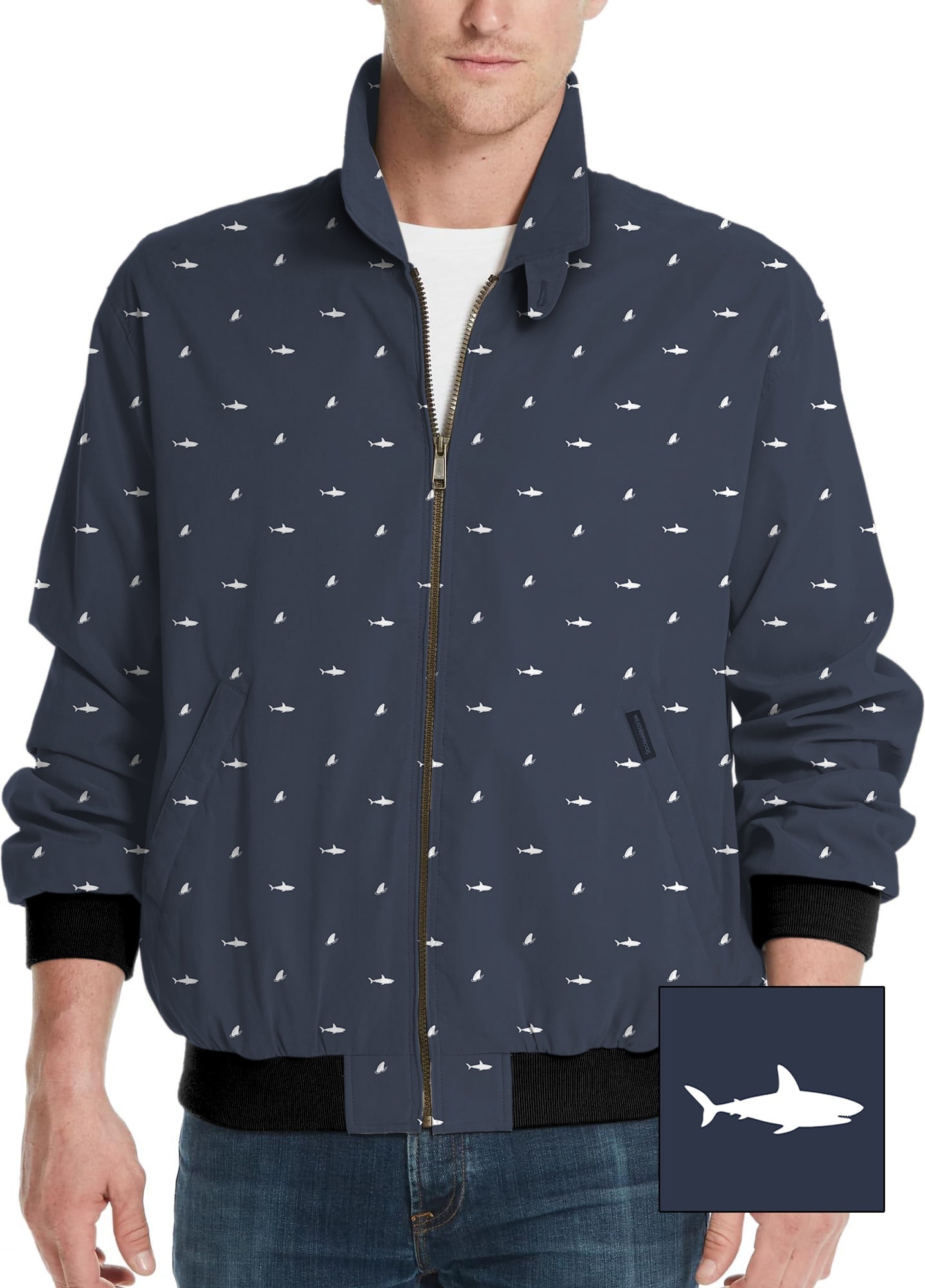 Men's golf windbreaker jacket with white shark and fin pattern on navy background