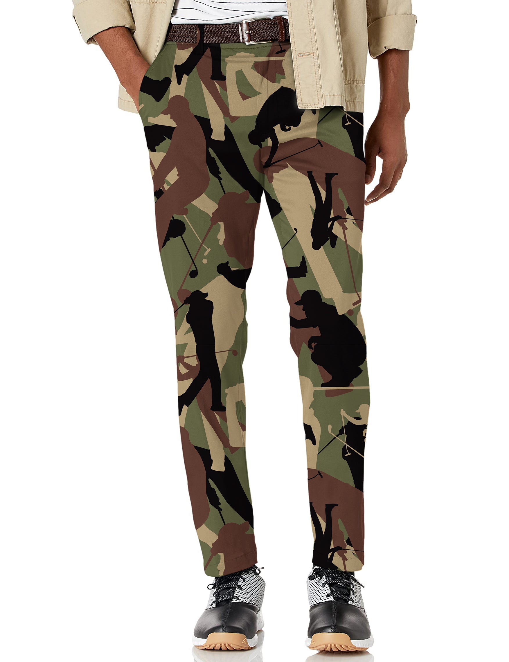 Men's army green golf stretch pants with moisture-wicking fabric and active waistband