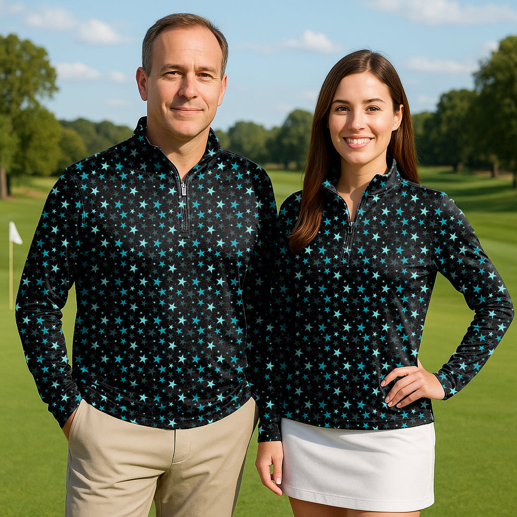 neon star couple golf active 3/4 zip tops with long sleeves in featherlight fabric for sun protection and comfort