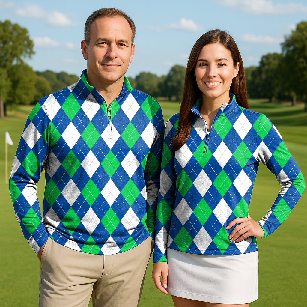 Couple wearing argyle green blue 3/4 zip golf tops with long sleeves on golf course