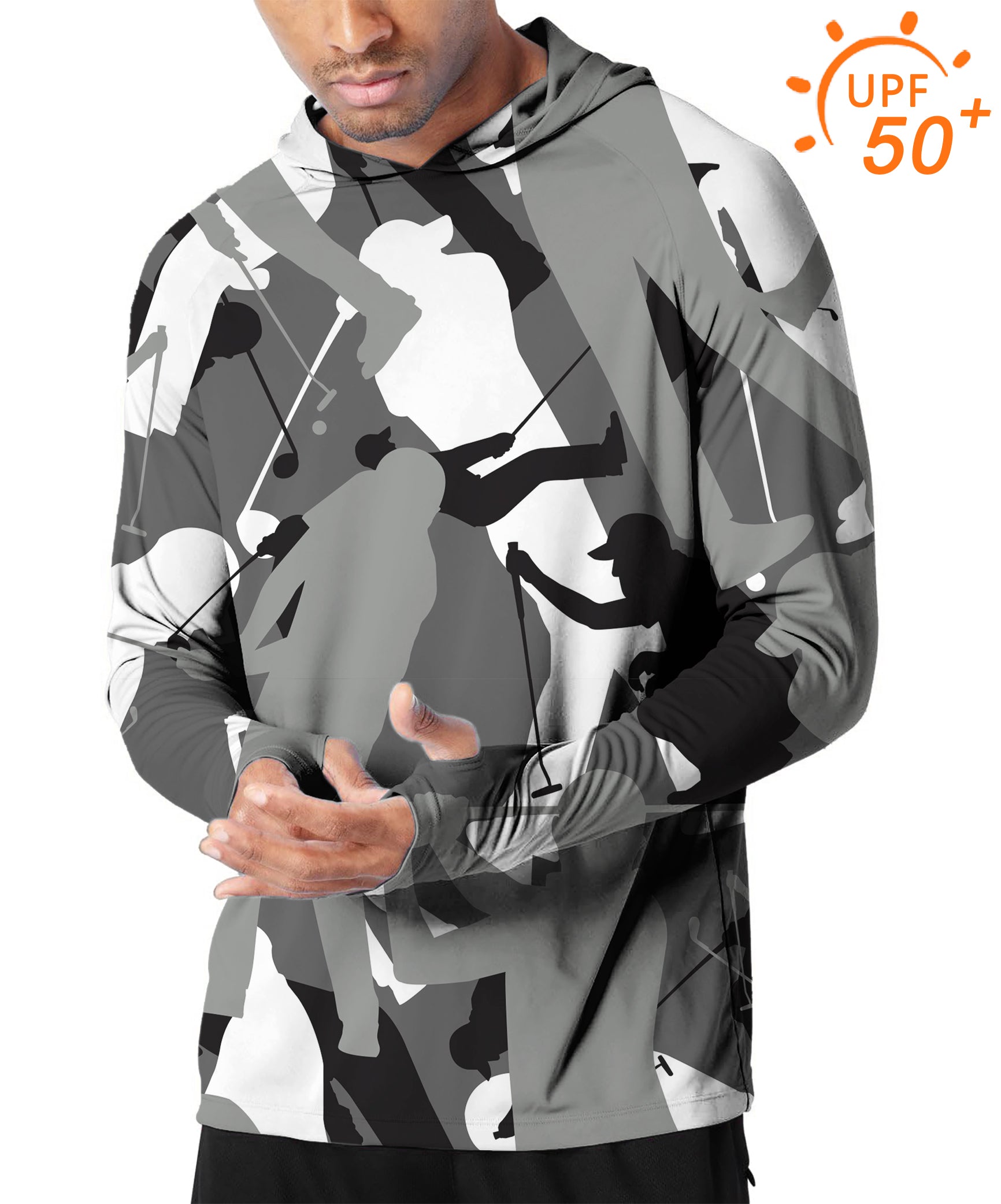 Men's outdoor black and white golf hoodie with UPF 50+ sun protection and slim fit design
