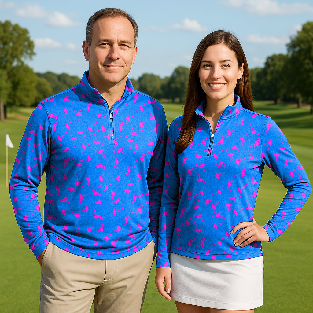 Blue flamingo couple wearing semi-fitted 3/4 zip long sleeve golf tops with mock collars on golf course