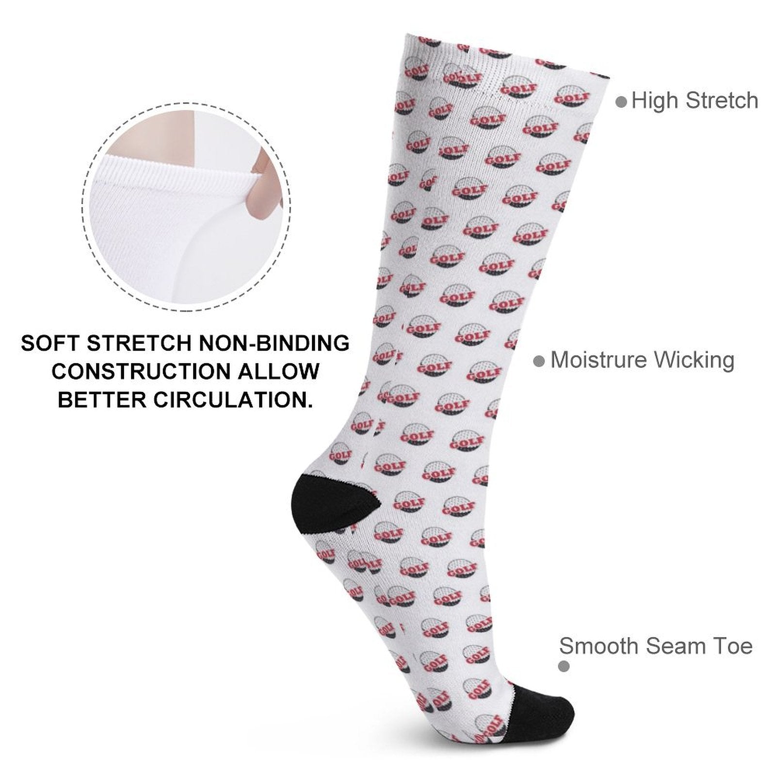 Golf ball printed socks with soft stretch, moisture-wicking fabric, and smooth seam toe for men and women gifts