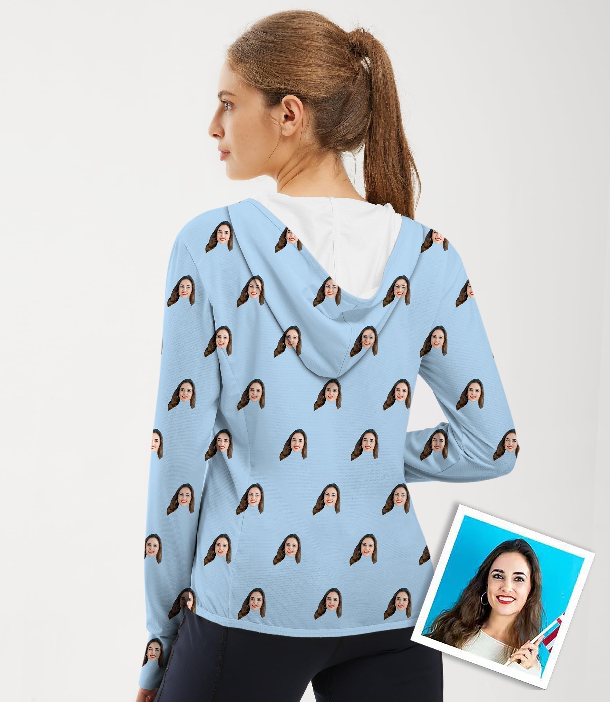 Women's outdoor zip hoodie with custom photo and sun protection, slim fit, lightweight and breathable golf sun shirt with hoodie and thumb holes.