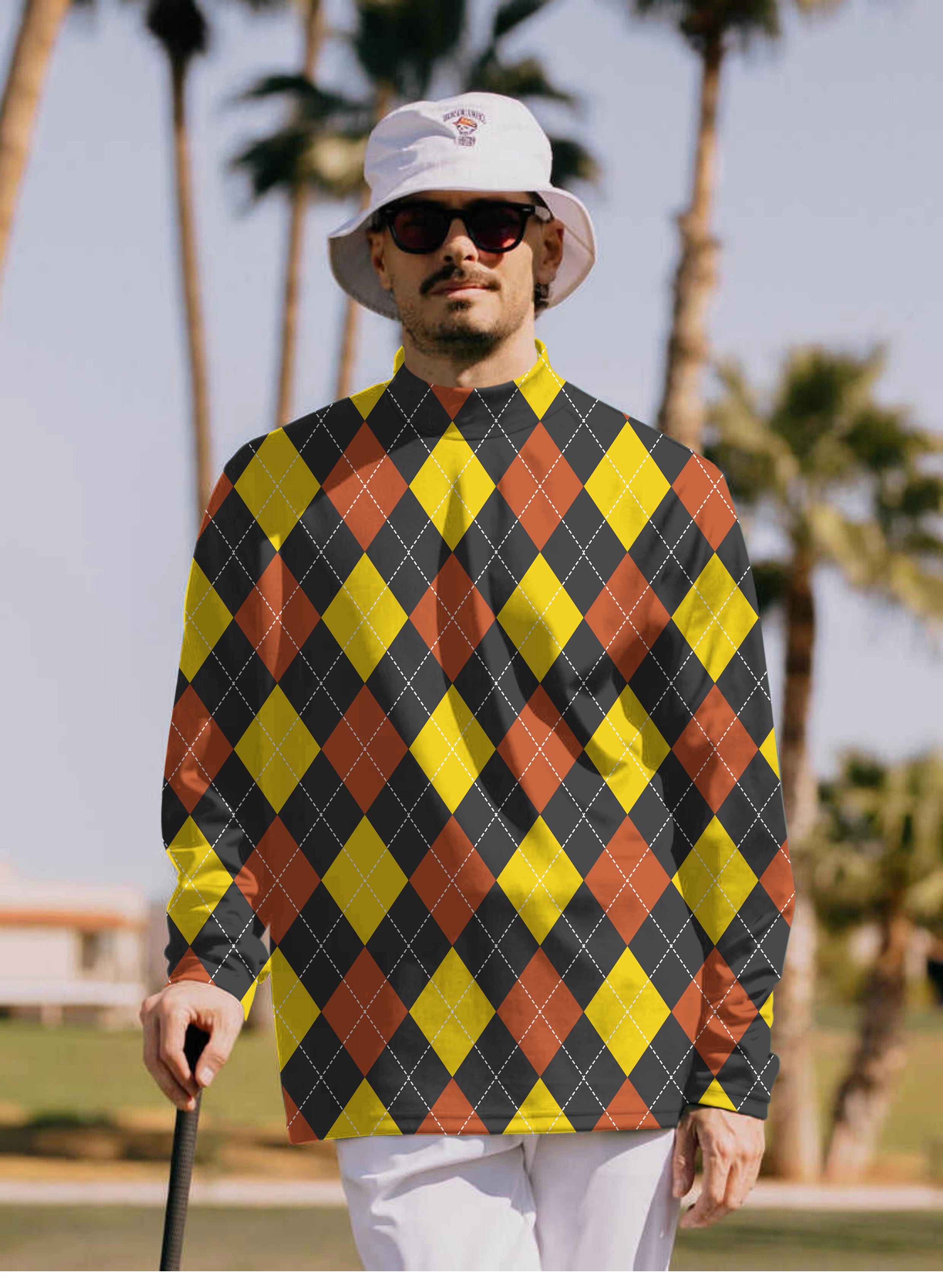 Men's red Argyle Pullover High neck Long/Short sleeve T-Shirt