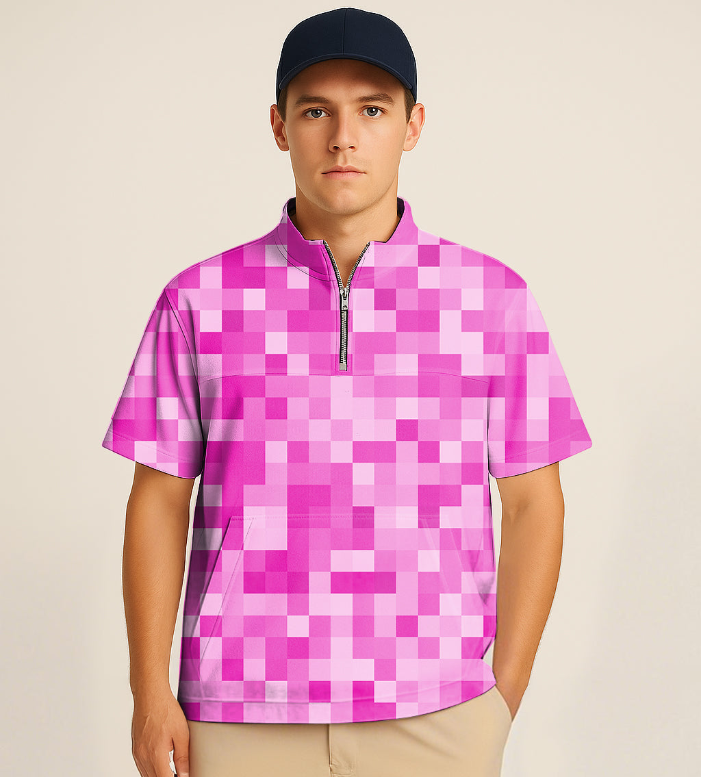 Men's rose red pixel embroidery half zipper turtleneck golf shirt with short sleeves