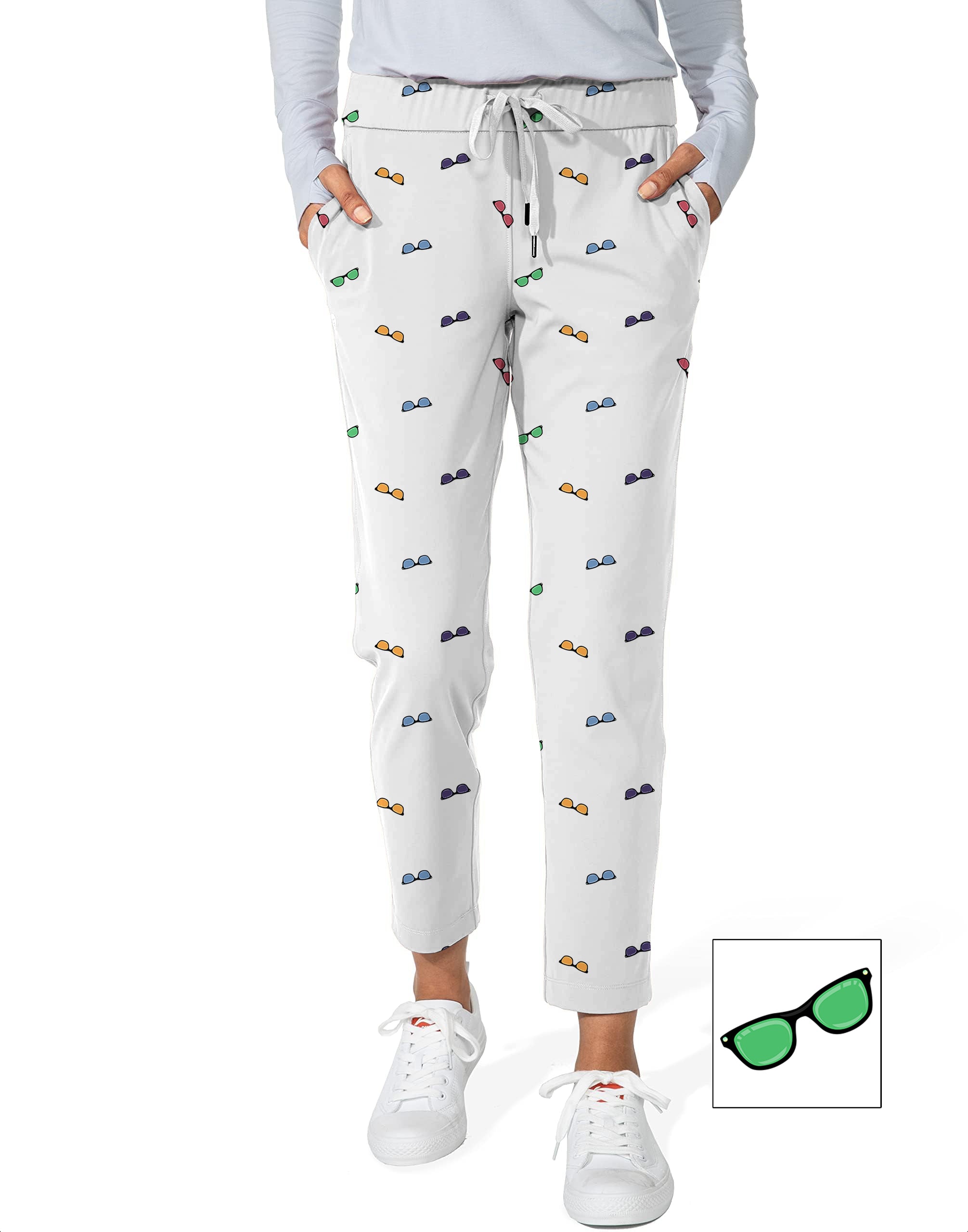 Women's 7/8 stretch ankle golf pants with colorful sunglass custom print on white background