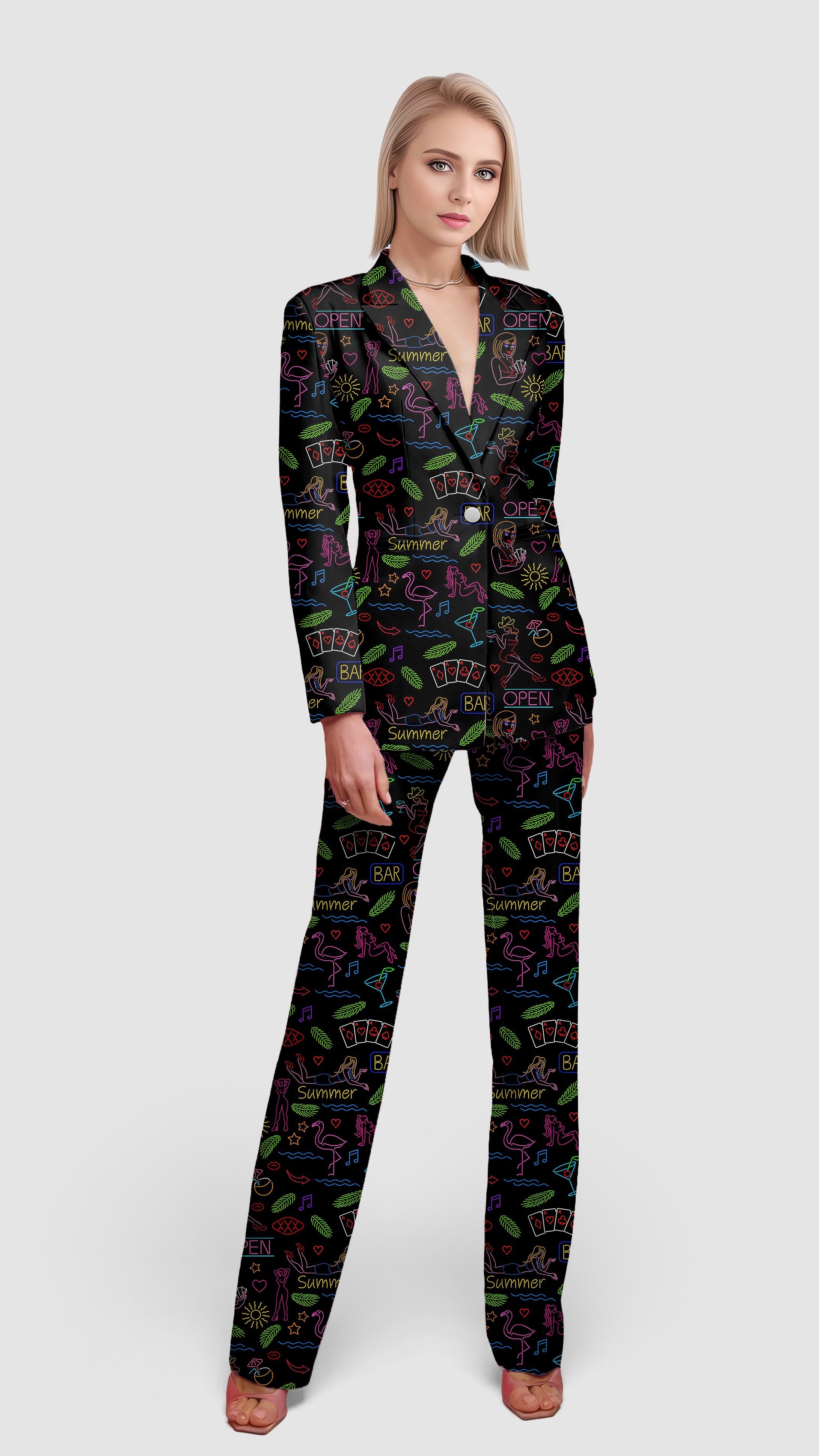 Women's blazer suit set with colorful doodle print, casual work office style, single front button, lapel collar, and flap pockets.