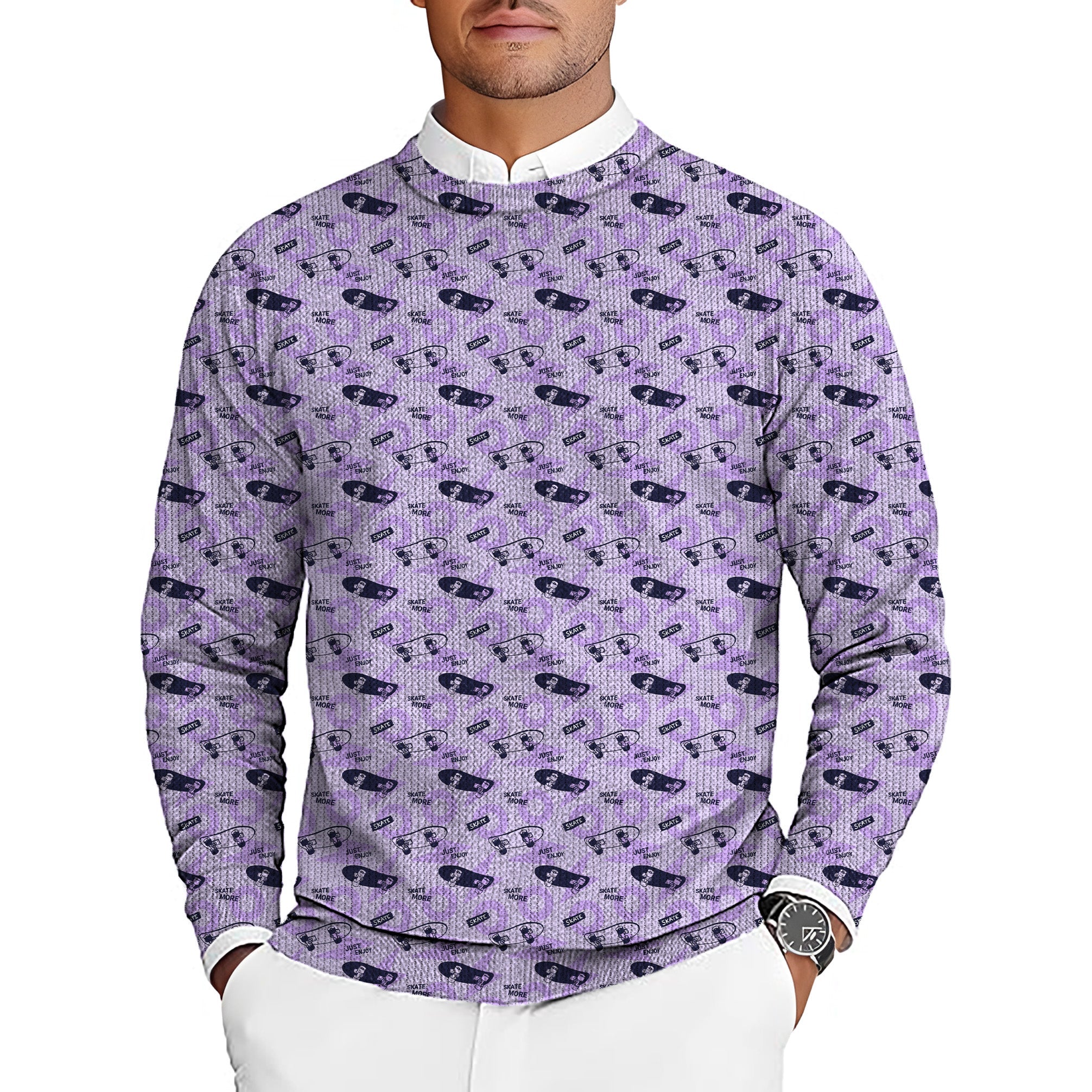 Purple Skate More men's golf crewneck pullover sweater with custom logo pattern