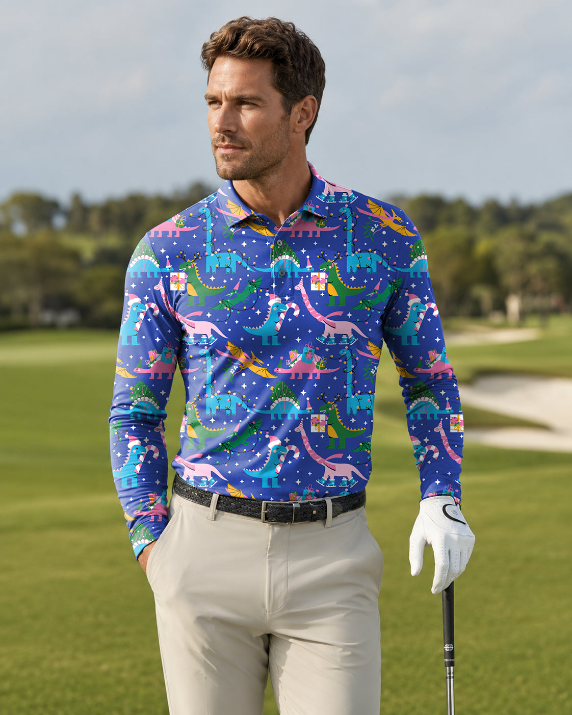 Men's Christmas Dinosaur Long-sleeved Polo