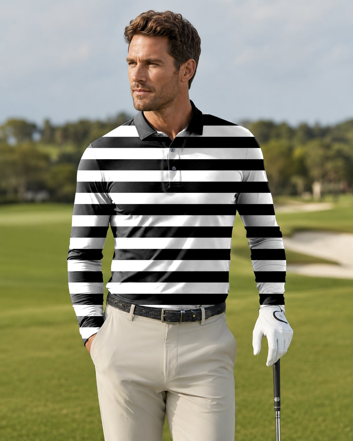Men's Black and white horizontal stripes Long-sleeved Polo