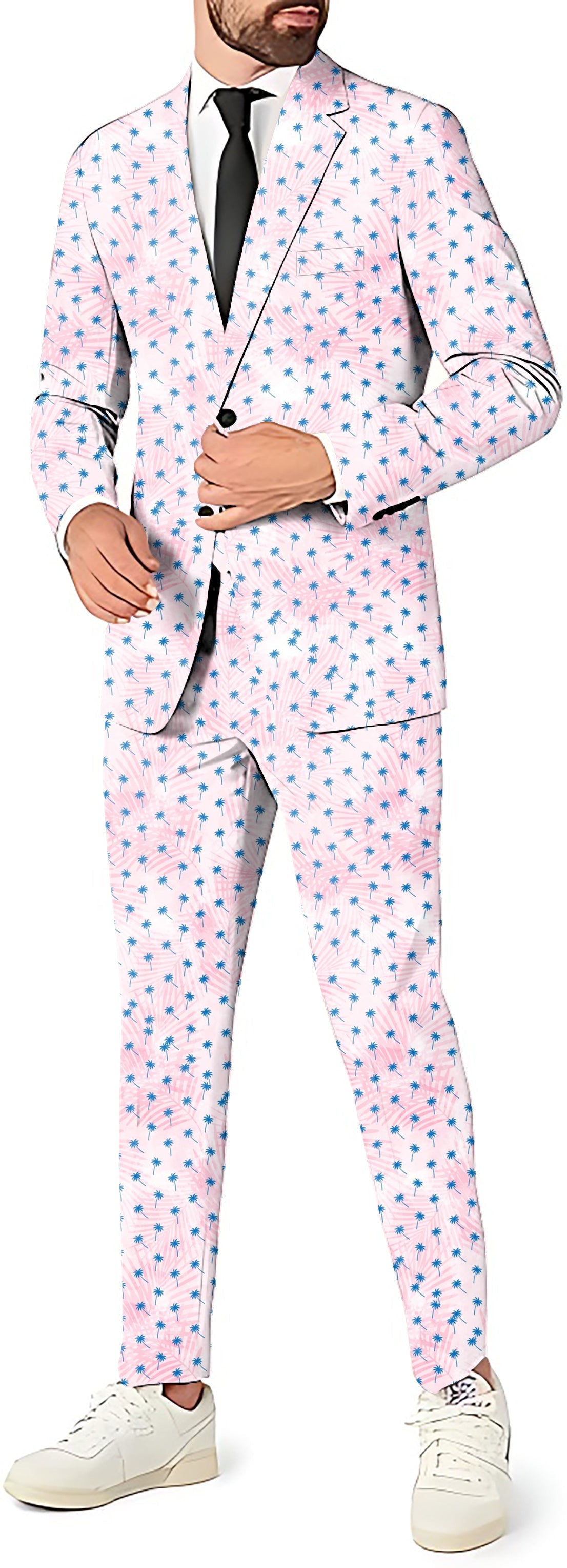 Palm Men's party suit set with blazer, pants, and vest in slim fit design with pink and blue star pattern
