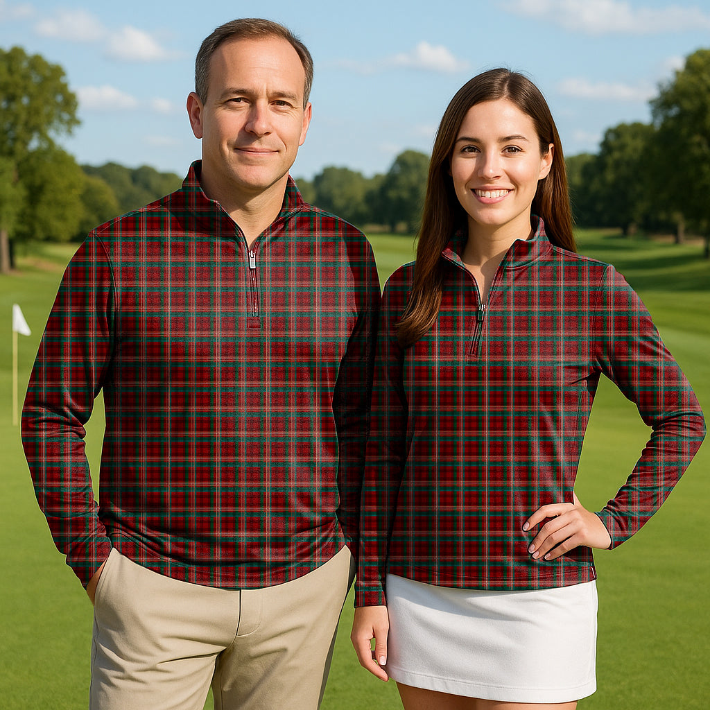 Marry Christmas Couple Golf active 3/4 zip tops in red plaid on golf course