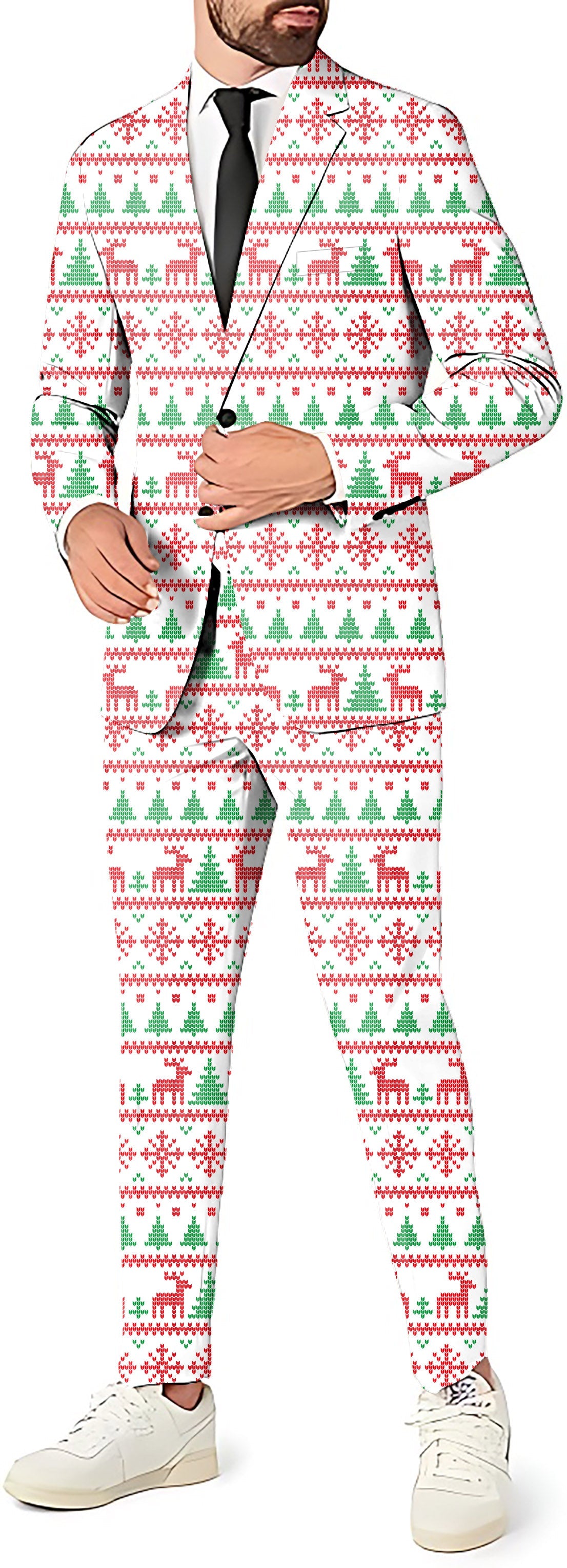 Men's Christmas reindeer 3-piece party suit set with blazer, pants, and vest in festive pattern