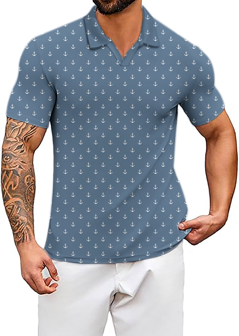 Men's Coconut Palm navy blue polo shirt with white anchor dots, four-way stretch, moisture-wicking, wrinkle-resistant, and UPF 40+ protection
