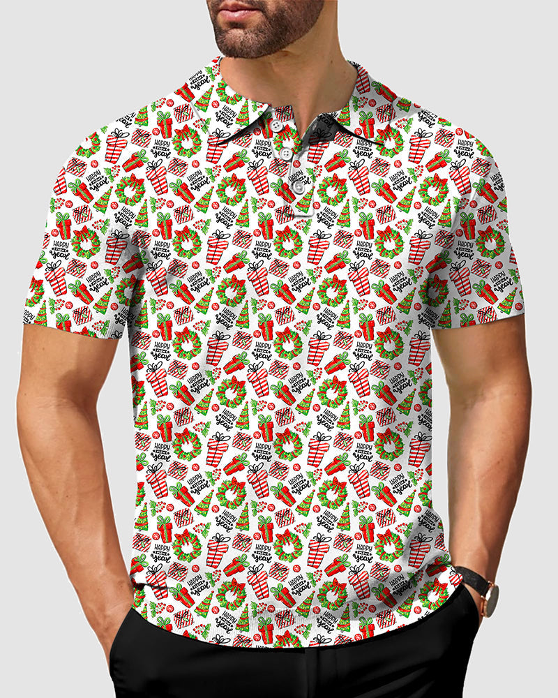 Men's Merry Christmas gift Polo with festive pattern, moisture-wicking fabric, four-way stretch, and wrinkle-resistant finish