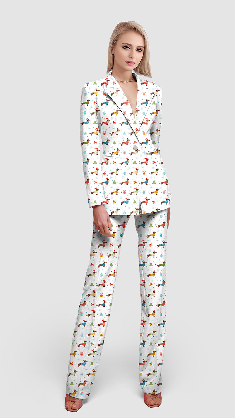 Women's Christmas Dachshund colorful blazer and pants suit set for casual or office wear