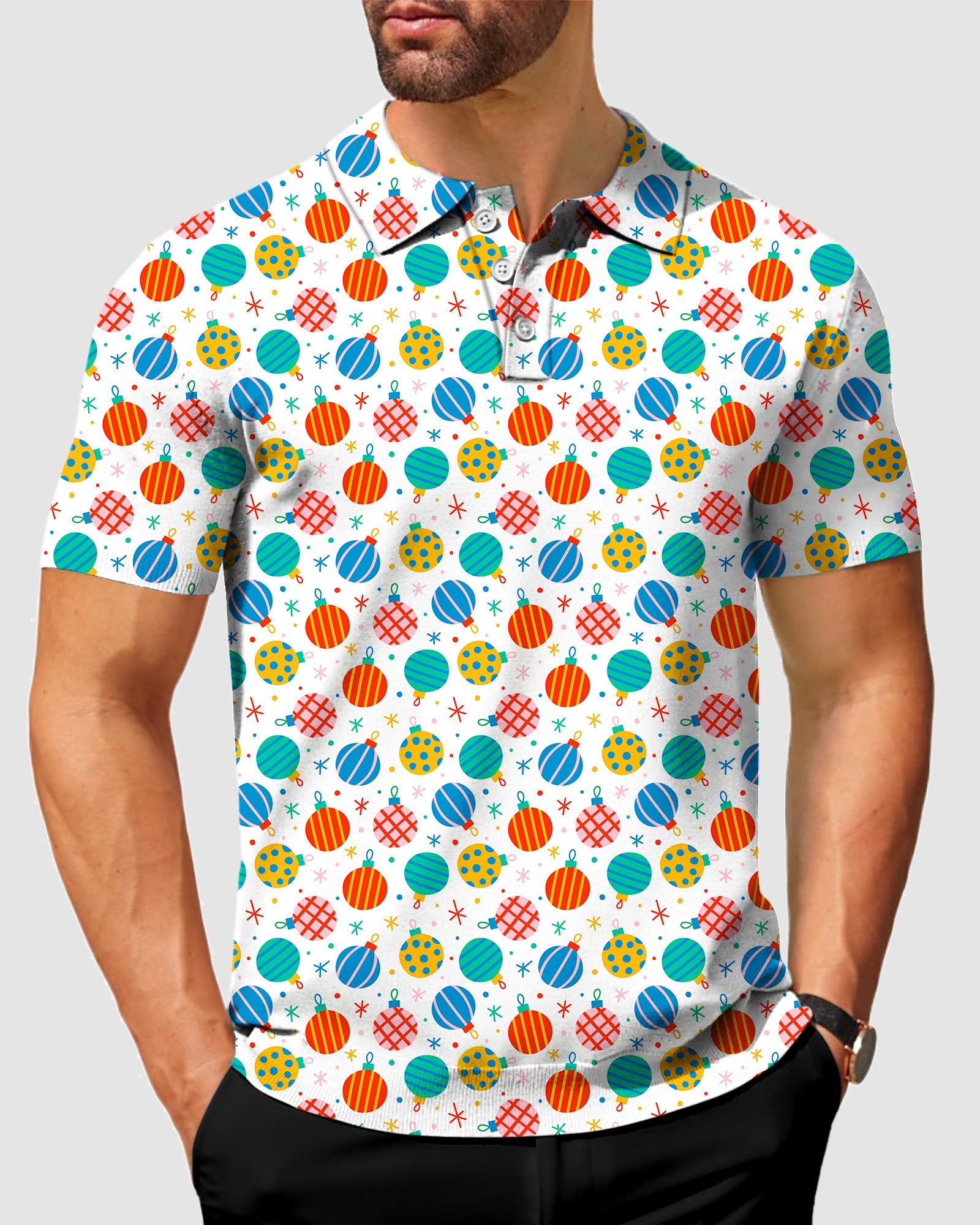 Men's Christmas Decoration Polo with colorful ornament print, four-way stretch, moisture-wicking, wrinkle-resistant, UPF 40+ protection, and classic fit