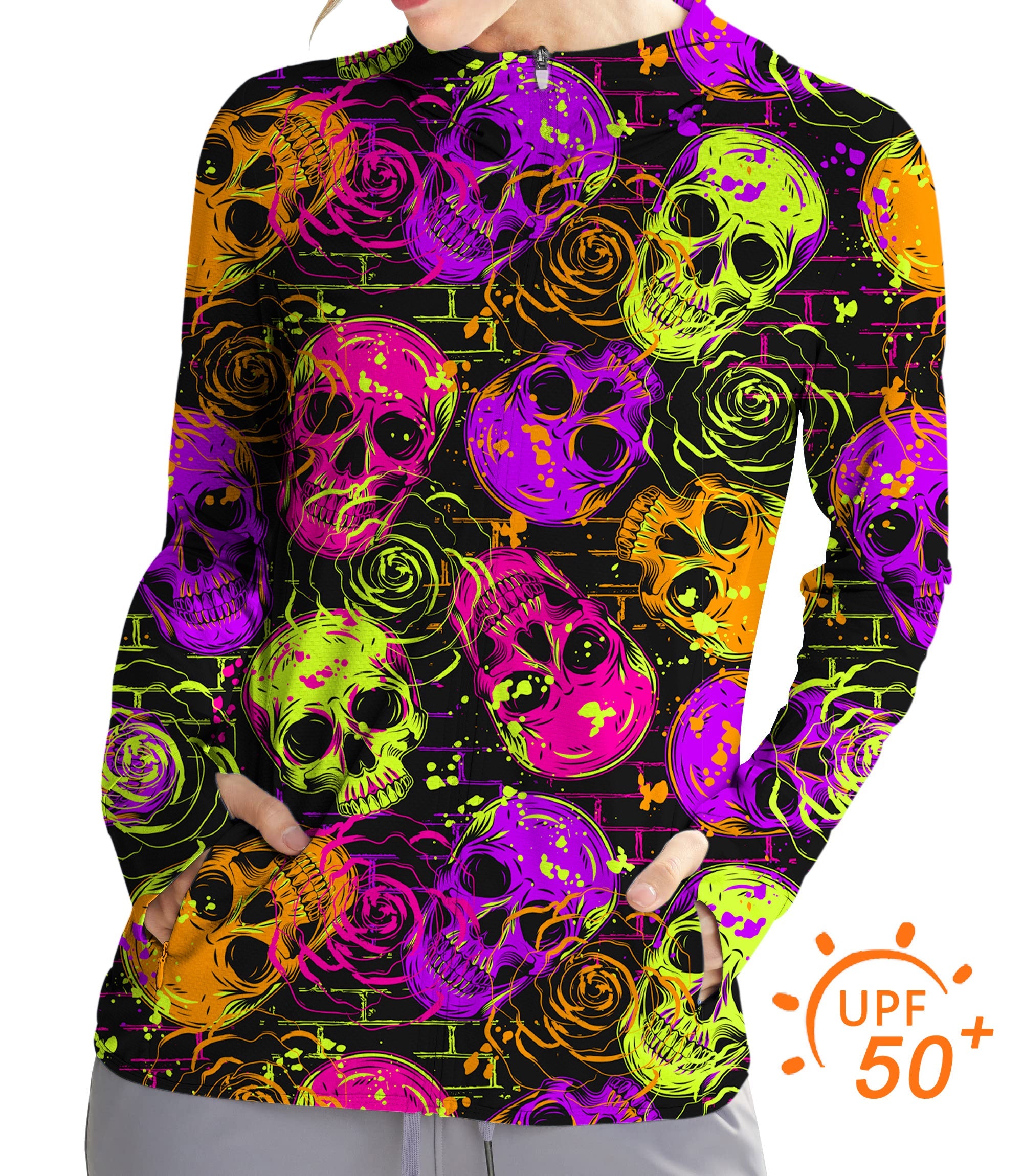 Women's outdoor slim fit zip hoodie with colorful Halloween skulls and UPF 50+ sun protection