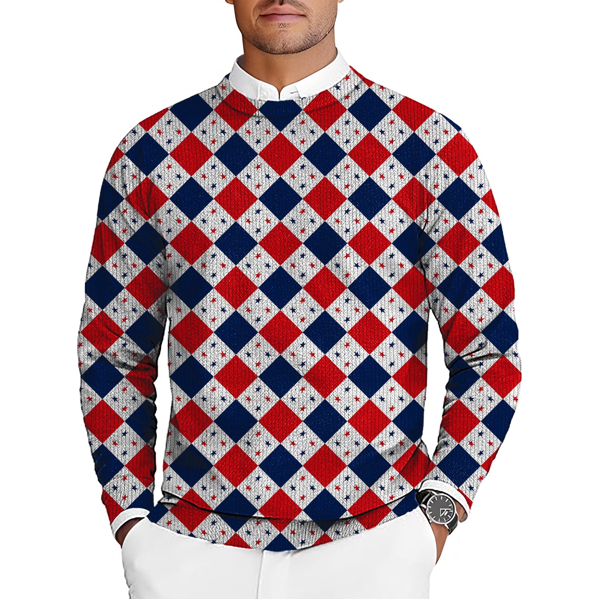 Men's Argyle US Star flag golf crewneck pullover sweater with red, white, and blue pattern
