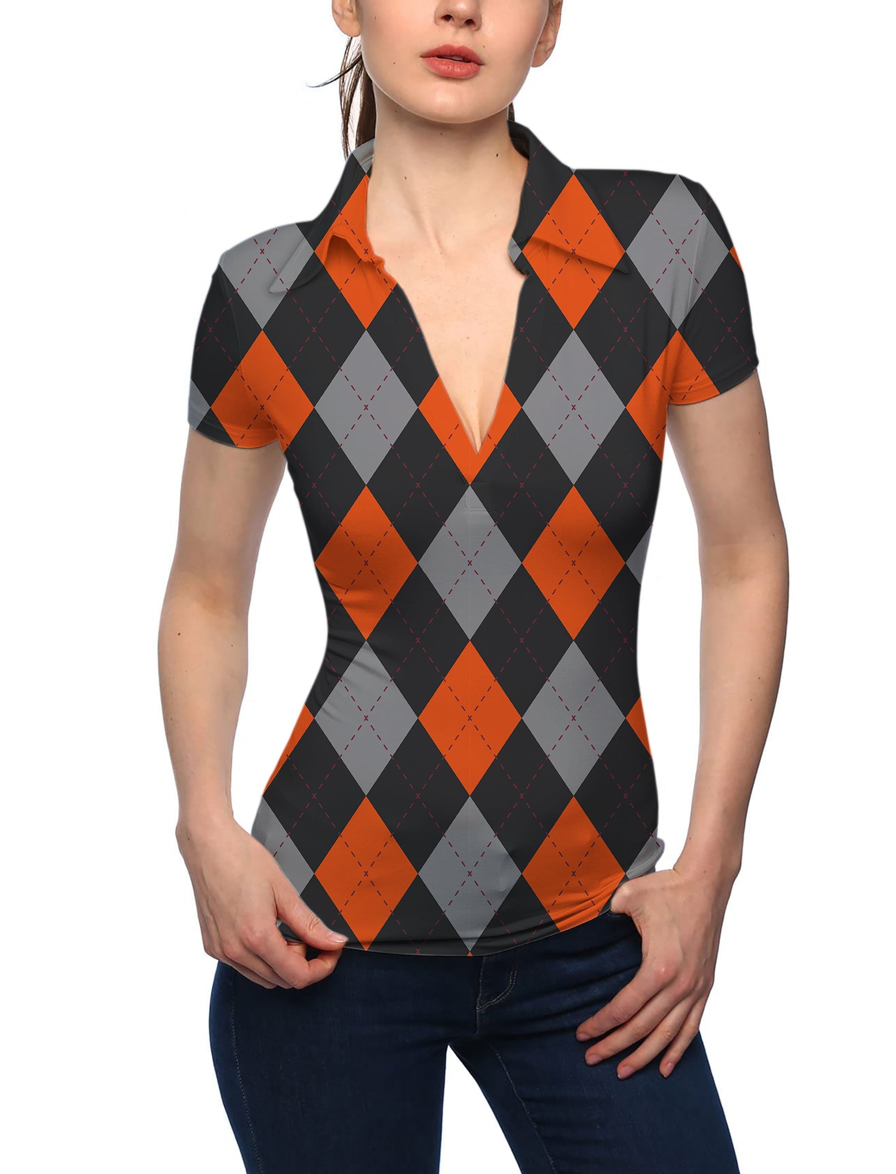 Women's Halloween black and red argyle V-neck golf polo shirt with stand collar and short sleeves