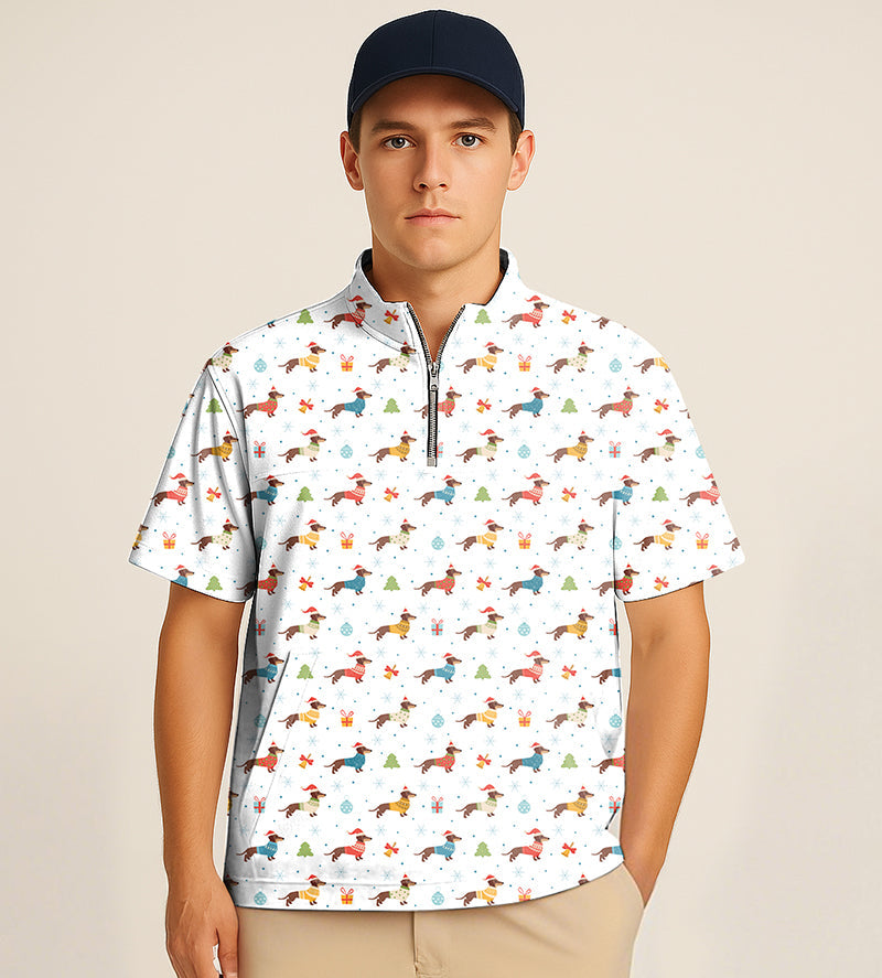 Man wearing half zipper turtleneck golf shirt with colorful Christmas dachshund embroidery and short sleeves