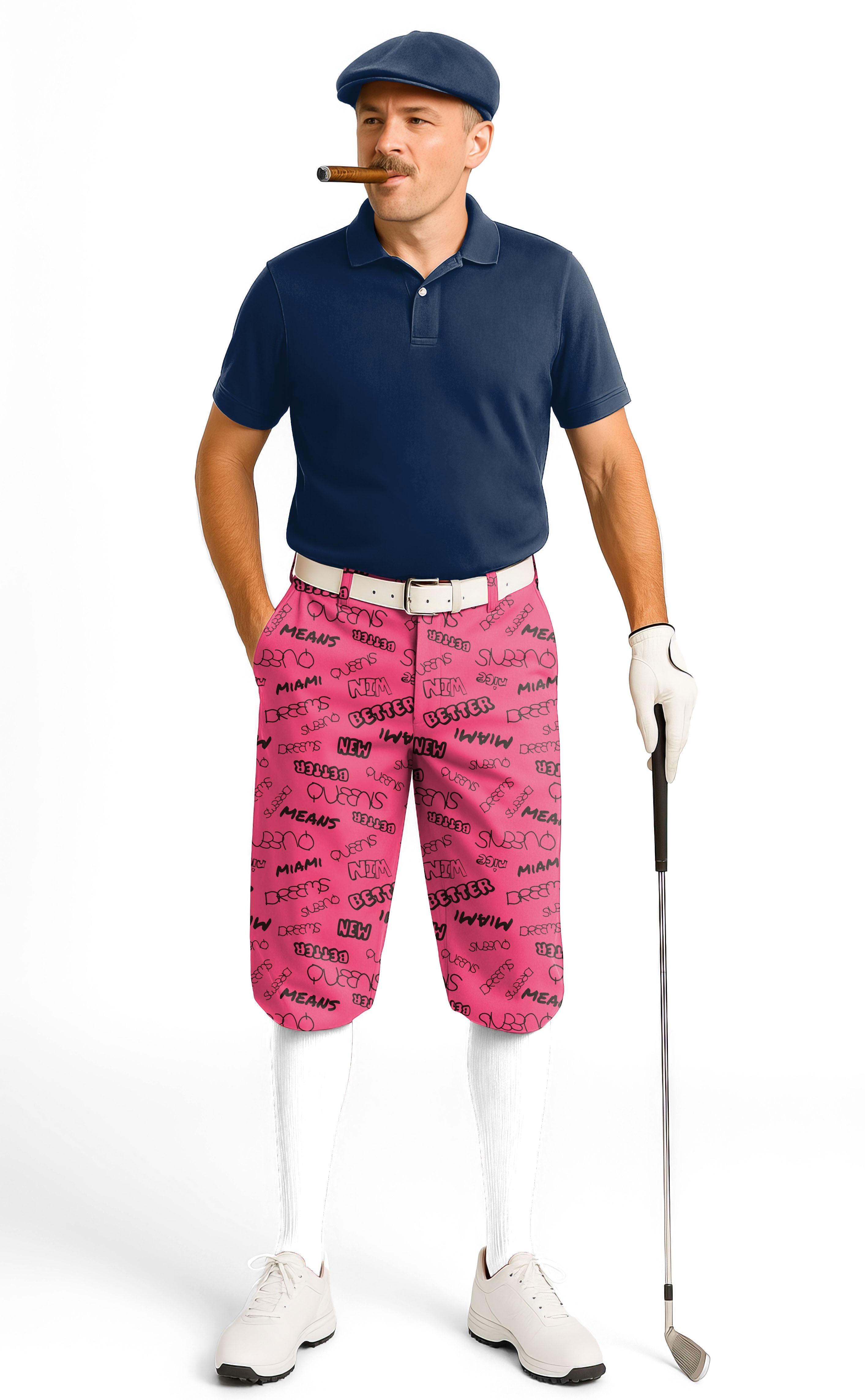 Man wearing Better Miami Men's Golf Knickers with pink patterned pants and navy polo on golf course