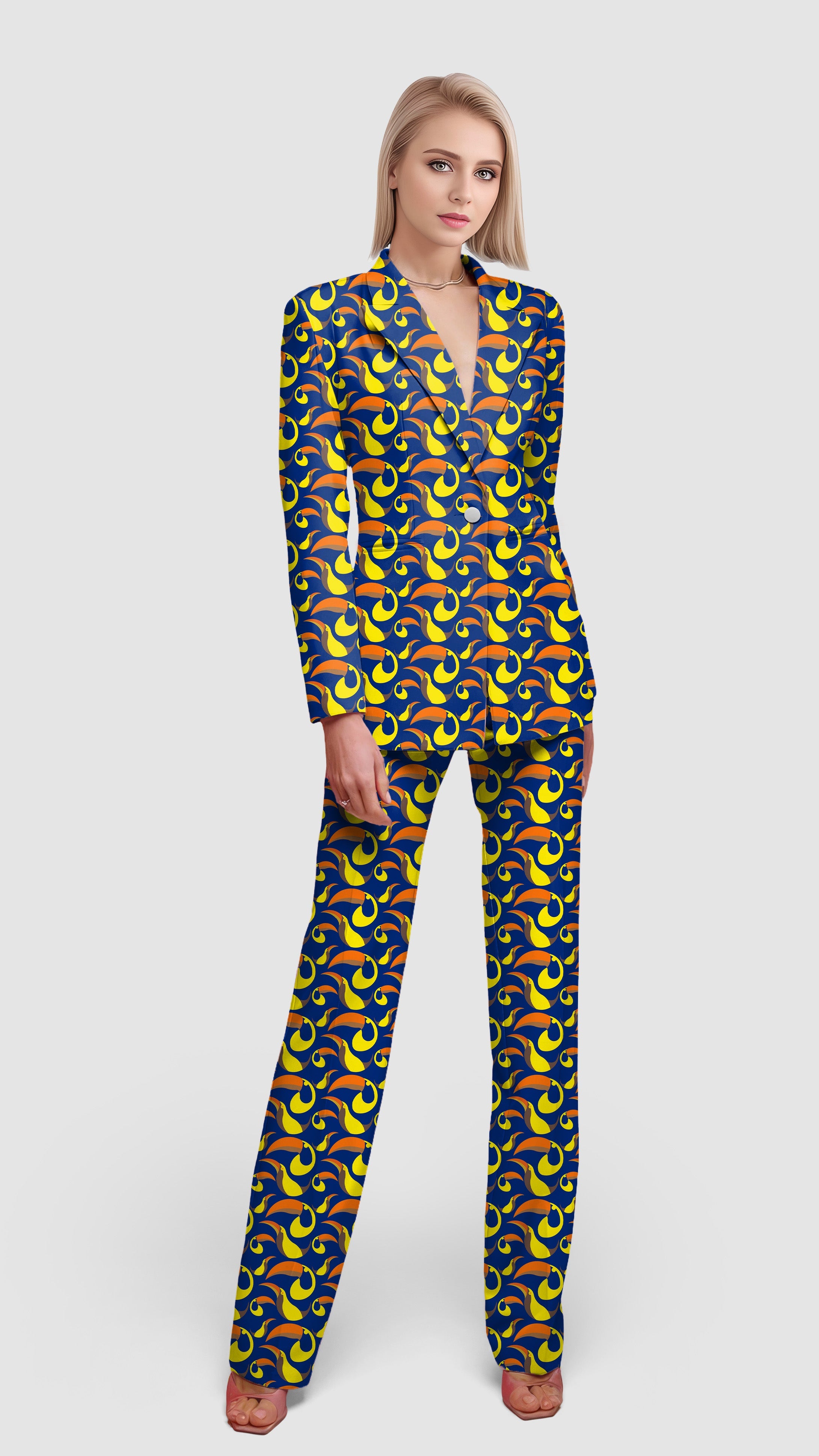 toucan Women's Blazer with colorful abstract pattern, tailored fit, lapel collar, single button, flap pockets, paired with matching pants