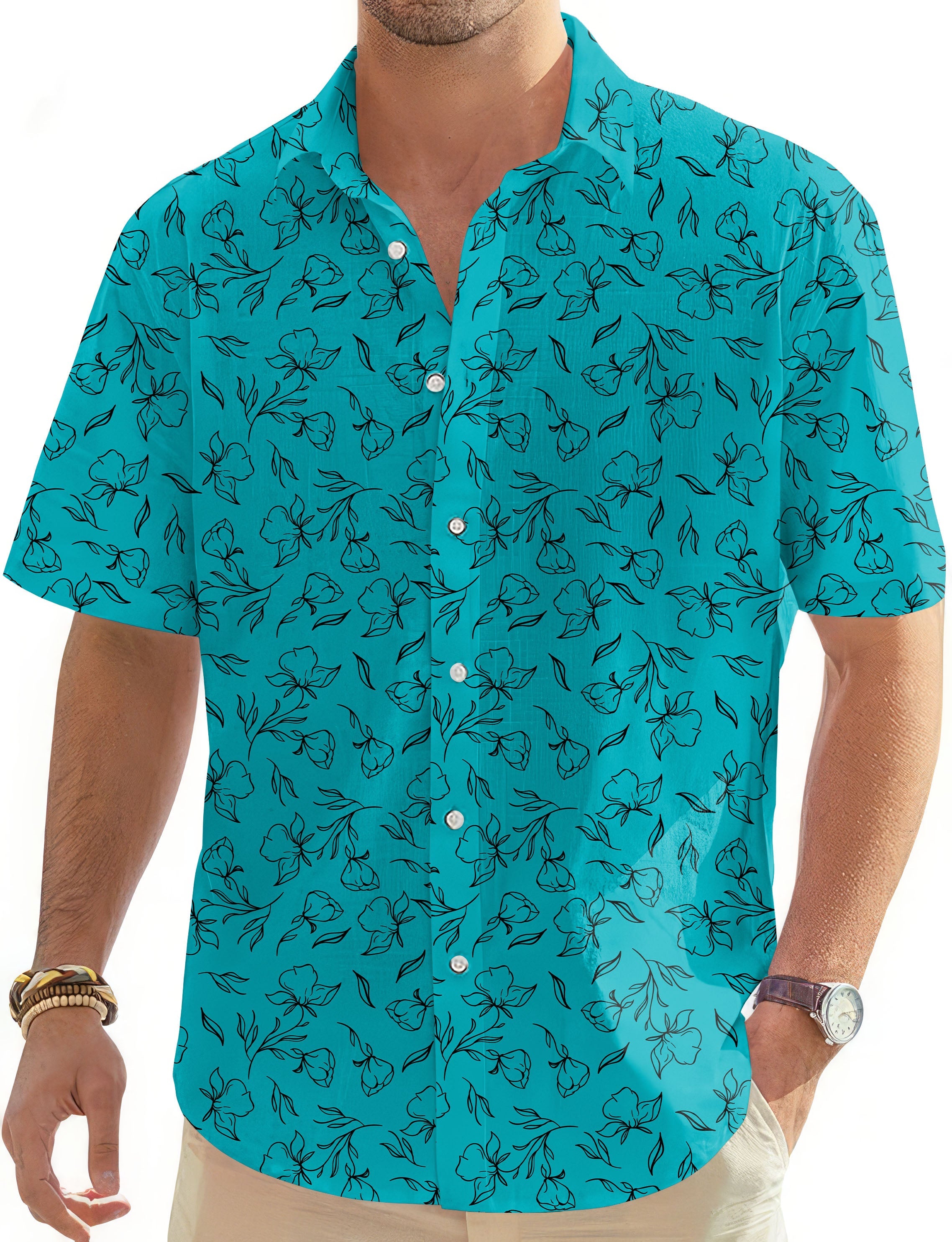Men's teal floral button-down Hawaiian golf shirt with short sleeves